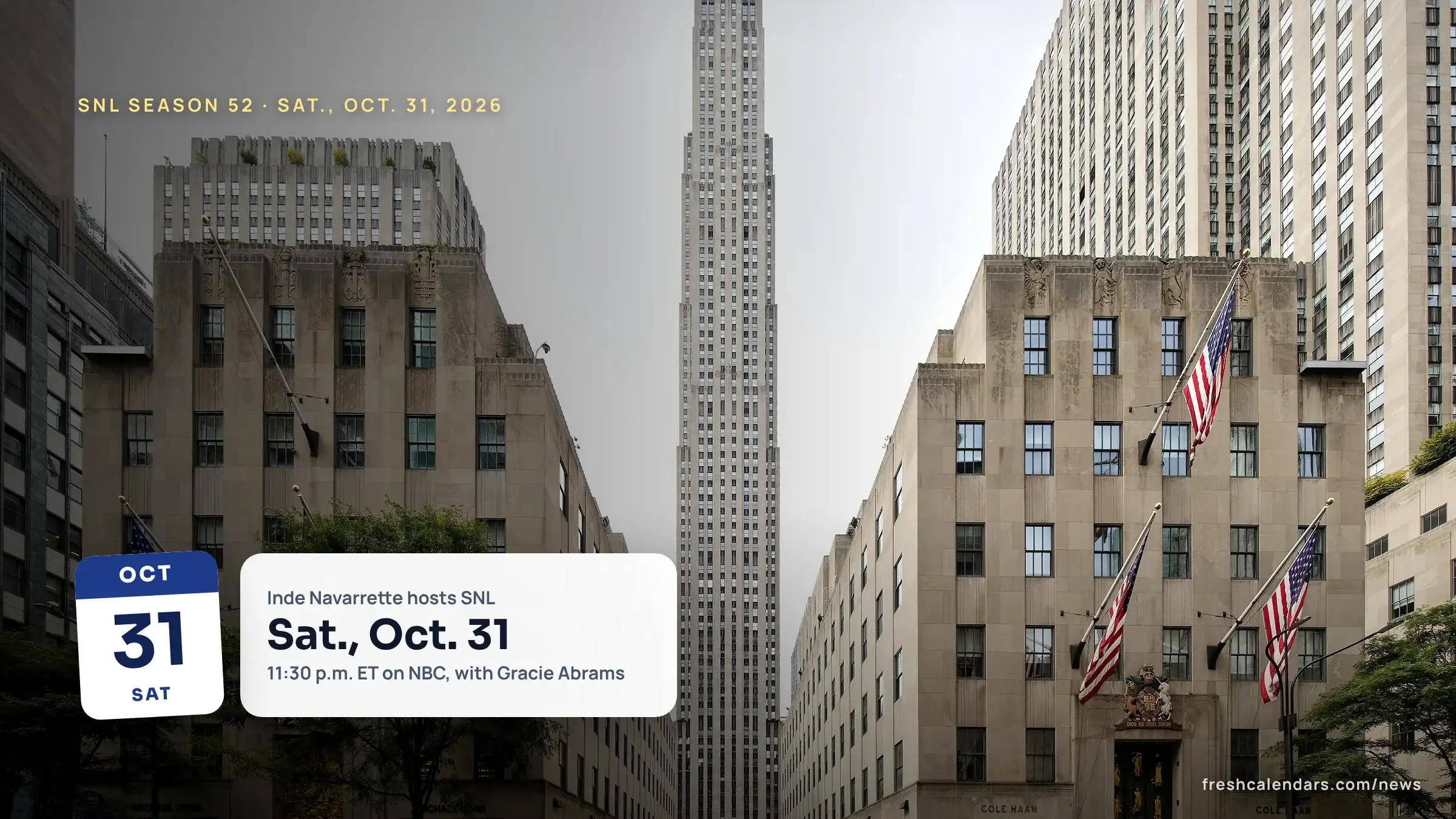 SNL hosts November 2026: 30 Rockefeller Plaza in New York, home of NBC and Saturday Night Live, seen from Fifth Avenue