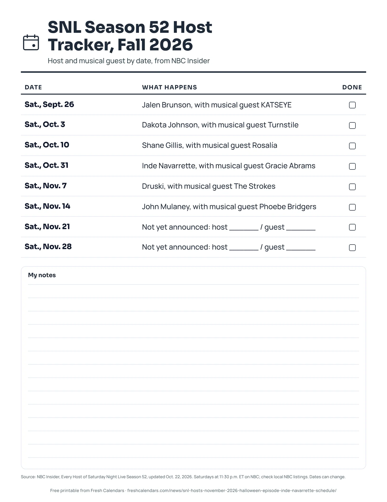 Printable SNL Season 52 host tracker for fall 2026 listing each Saturday date with its host and musical guest, ink-saver version