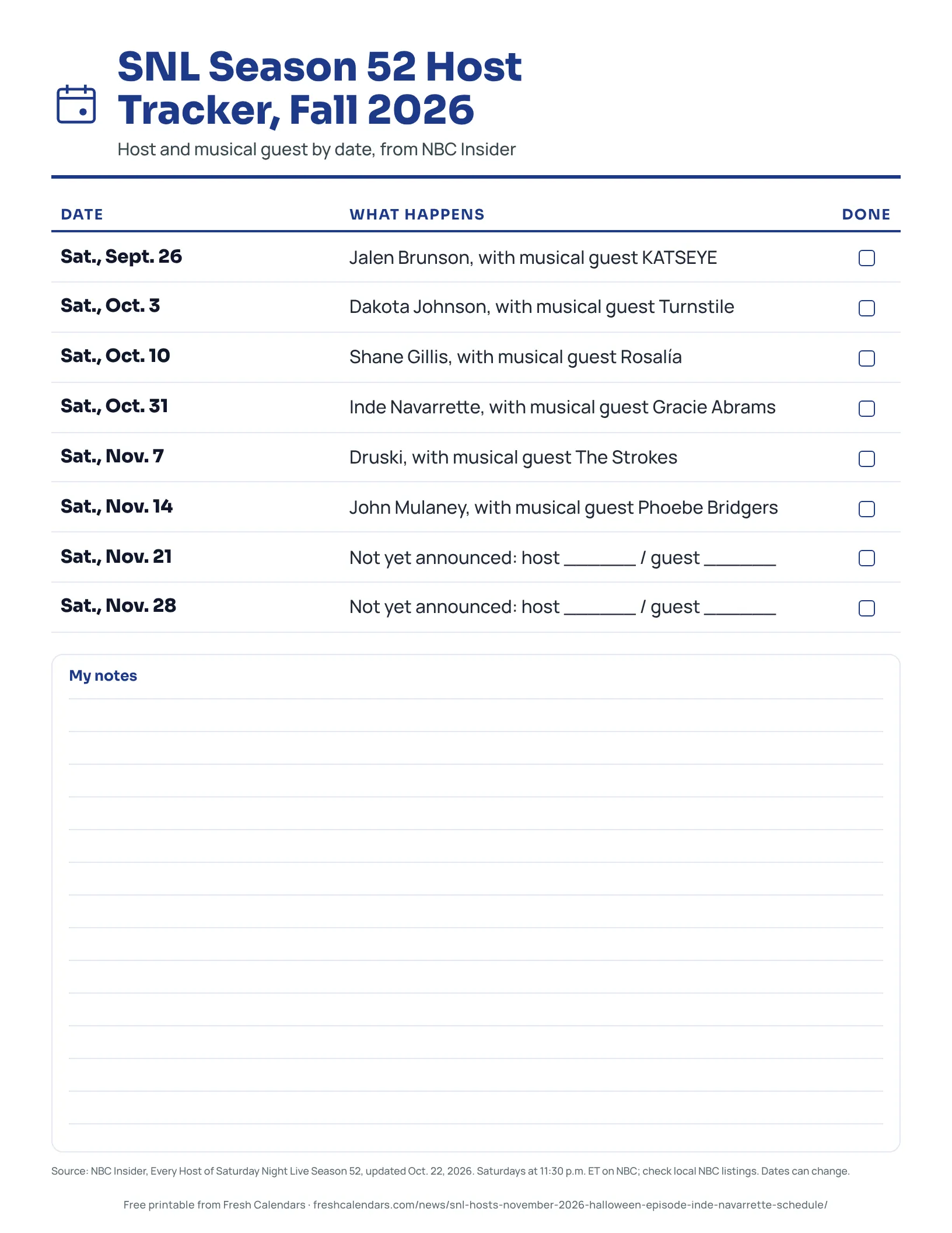 Printable SNL Season 52 host tracker for fall 2026 listing each Saturday date with its host and musical guest