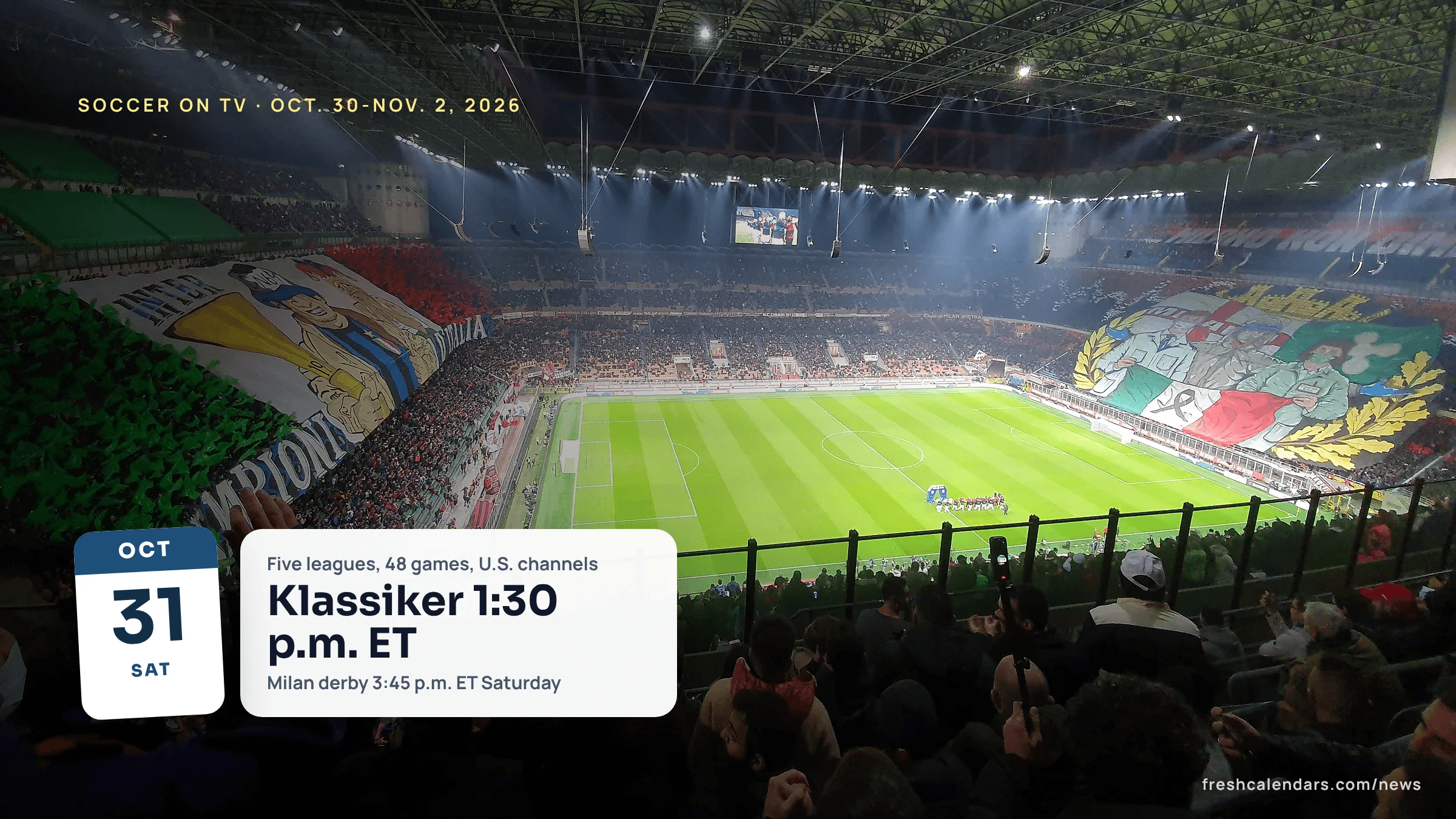 Fans and banners at San Siro in Milan during a Milan derby, for soccer on TV this weekend