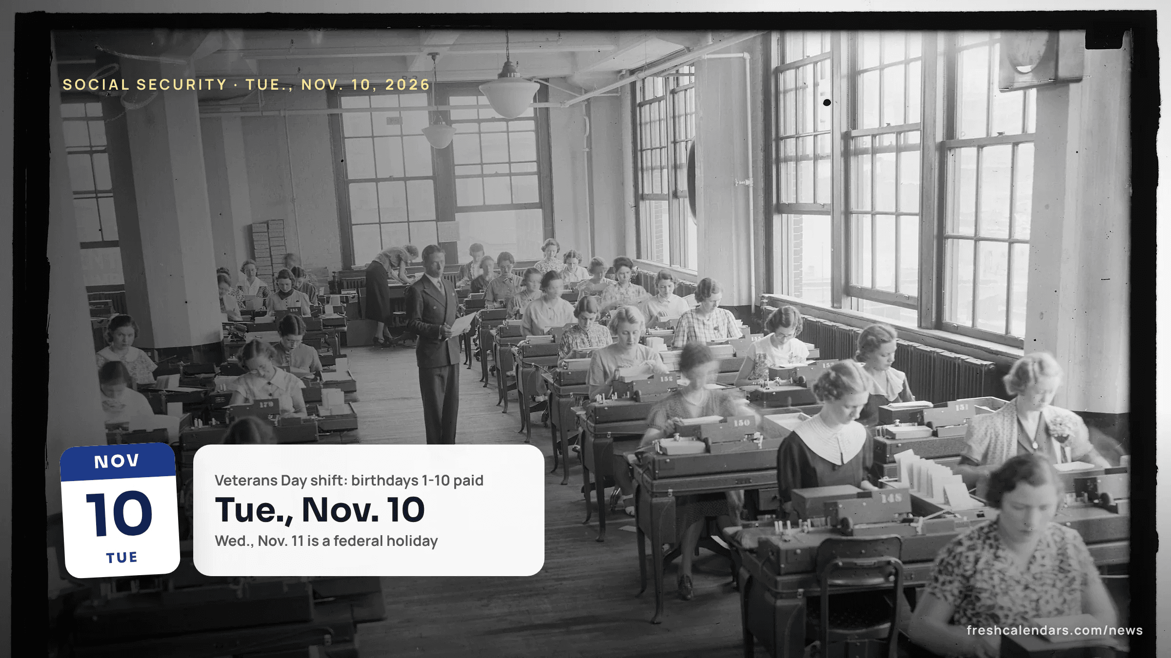Clerks at rows of desks in a Social Security records office in Baltimore, for the Social Security payment schedule November 2026