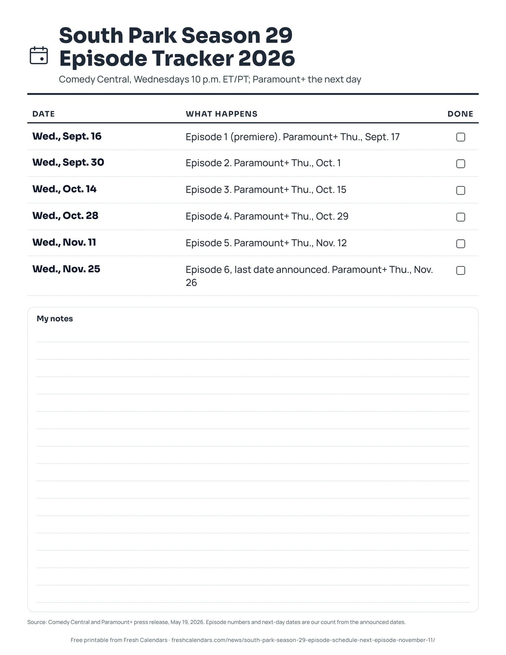 South Park season 29 episode tracker printable listing six Wednesday air dates from Sept. 16 to Nov. 25, 2026, ink-saver version