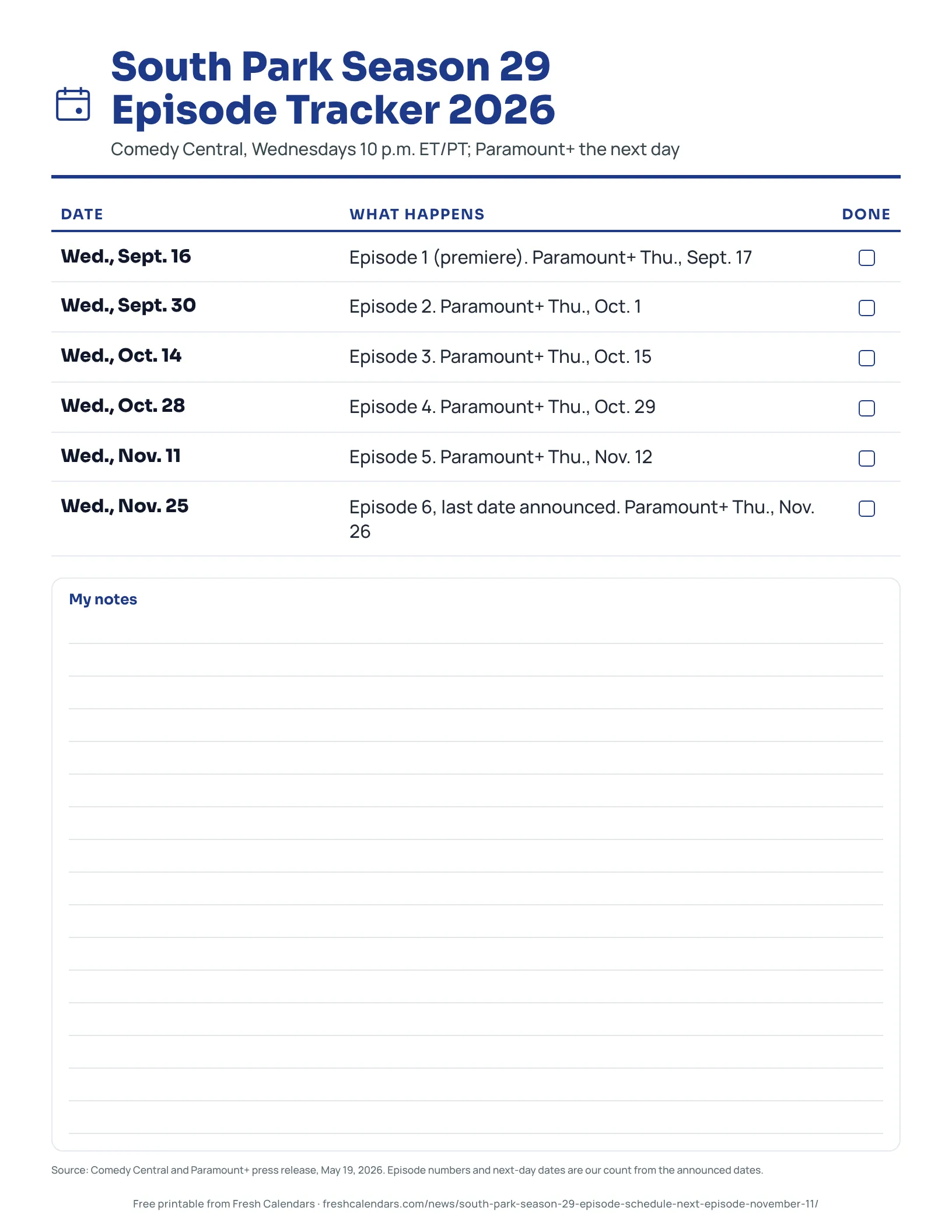 South Park season 29 episode tracker printable listing six Wednesday air dates from Sept. 16 to Nov. 25, 2026