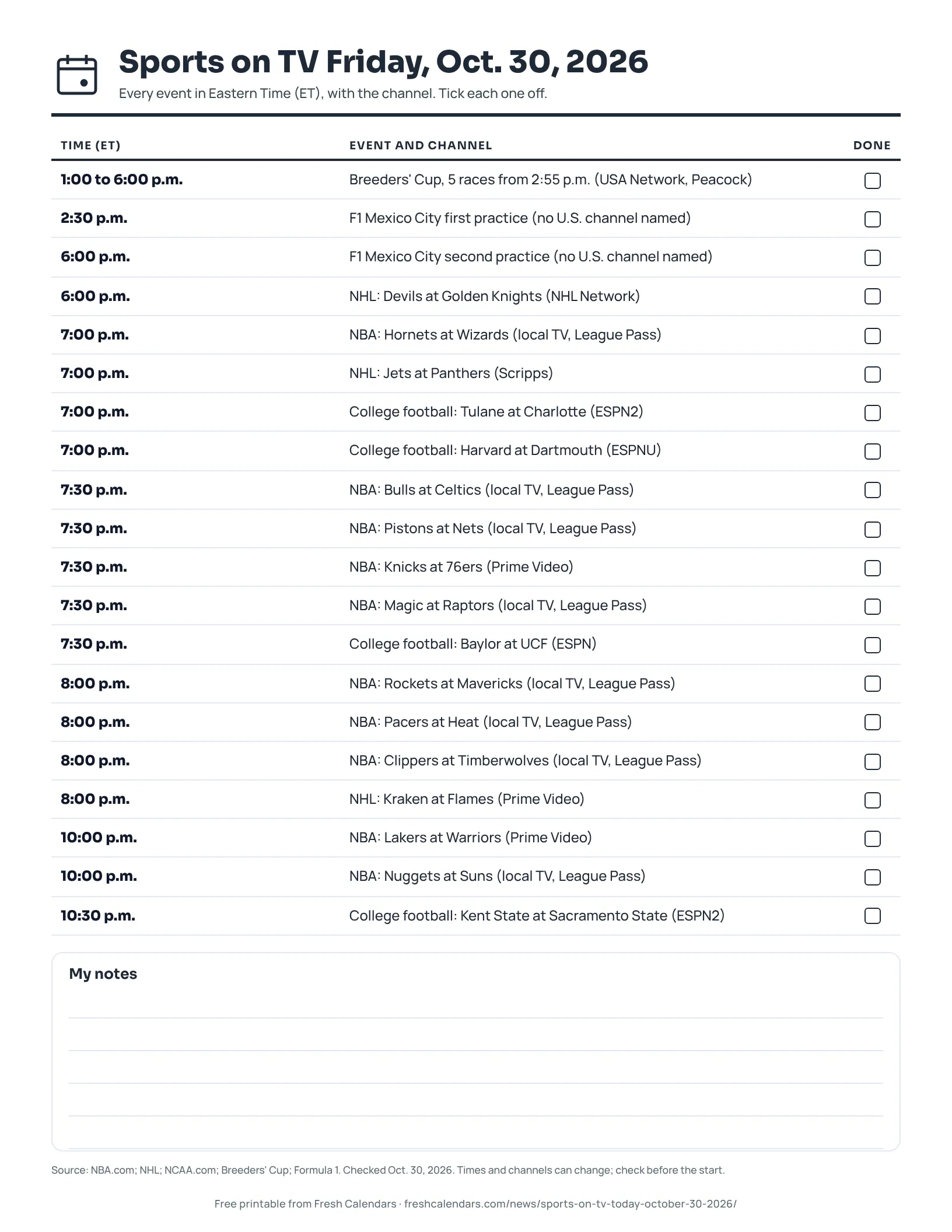 Printable sports on TV today sheet for Oct. 30, 2026, listing 20 events with Eastern start times and channels, ink-saver version