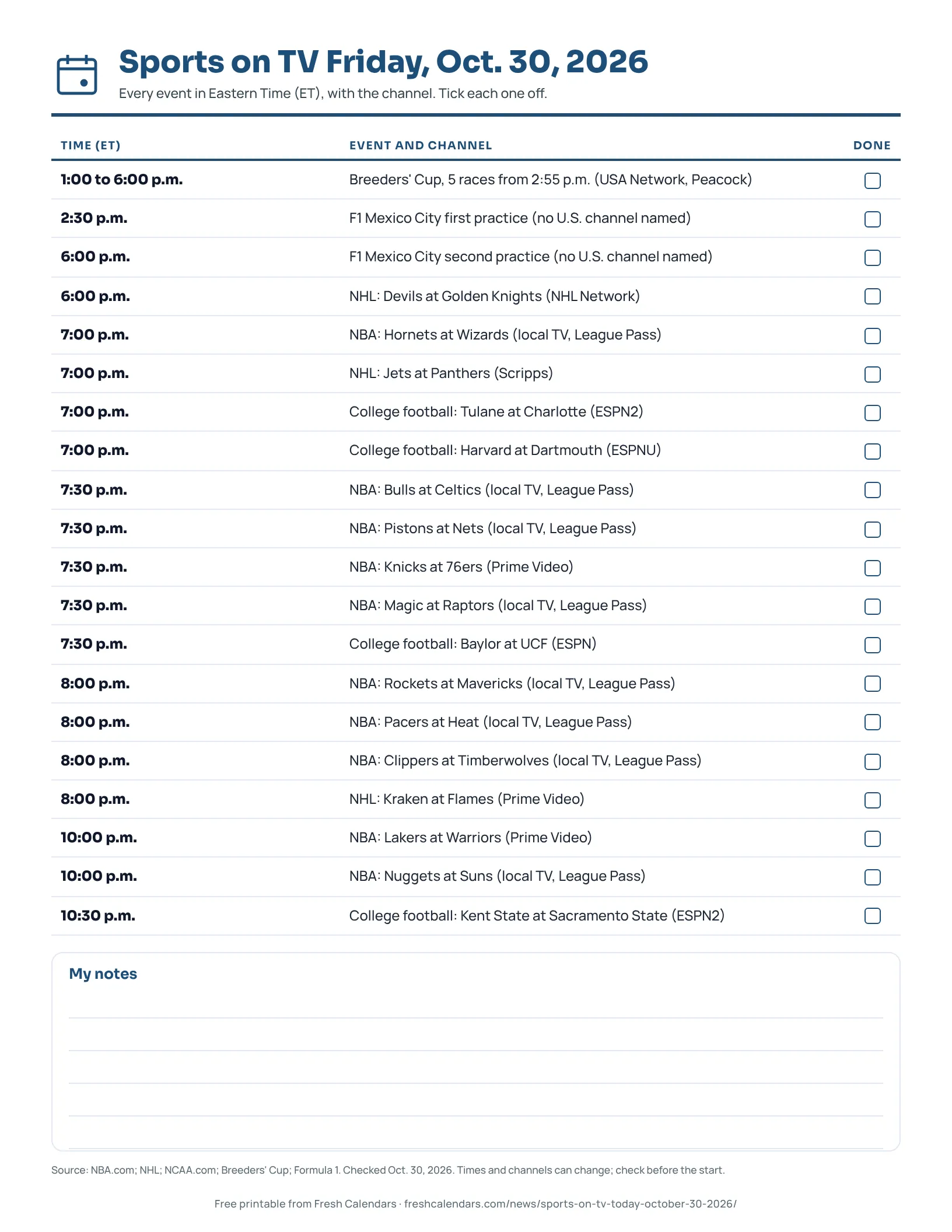 Printable sports on TV today sheet for Oct. 30, 2026, listing 20 events with Eastern start times and channels