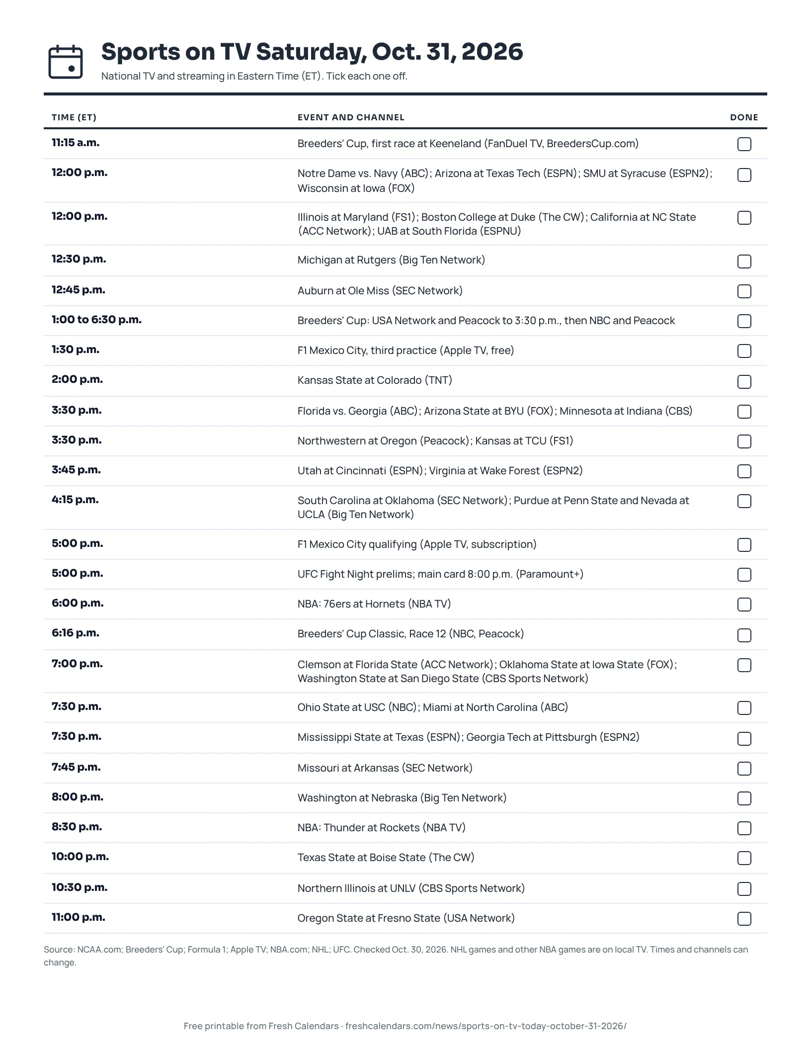 Printable sports on TV sheet for Saturday, Oct. 31, 2026, listing national TV events with Eastern start times and channels, ink-saver version