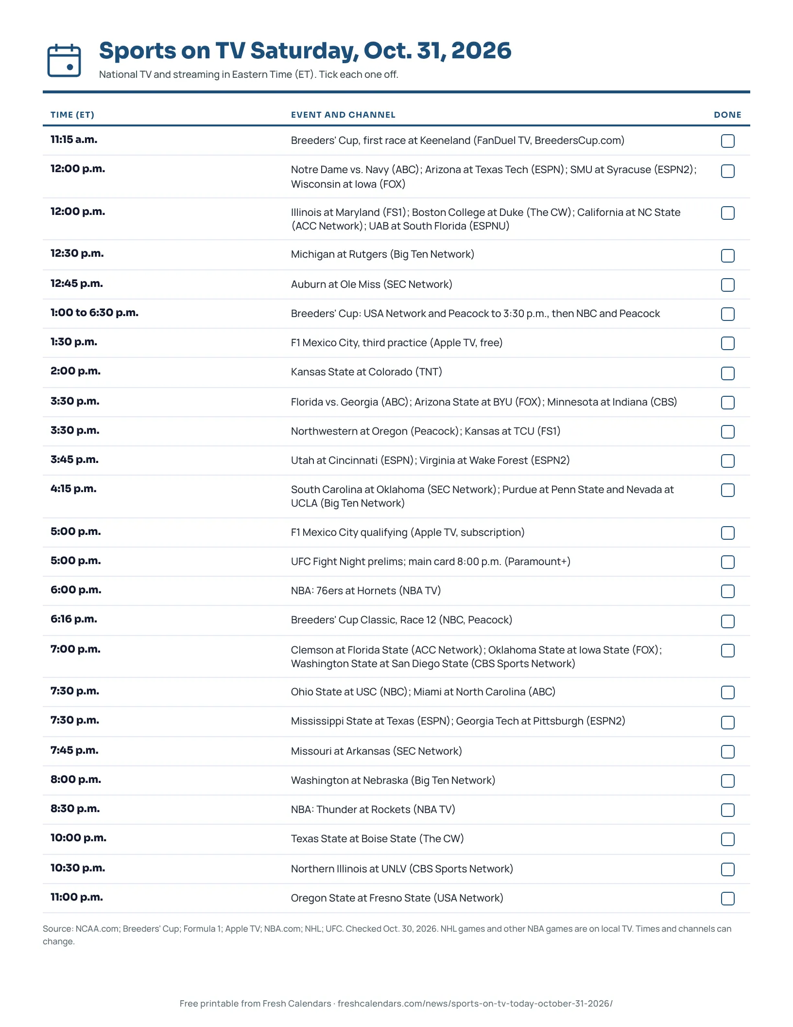 Printable sports on TV sheet for Saturday, Oct. 31, 2026, listing national TV events with Eastern start times and channels