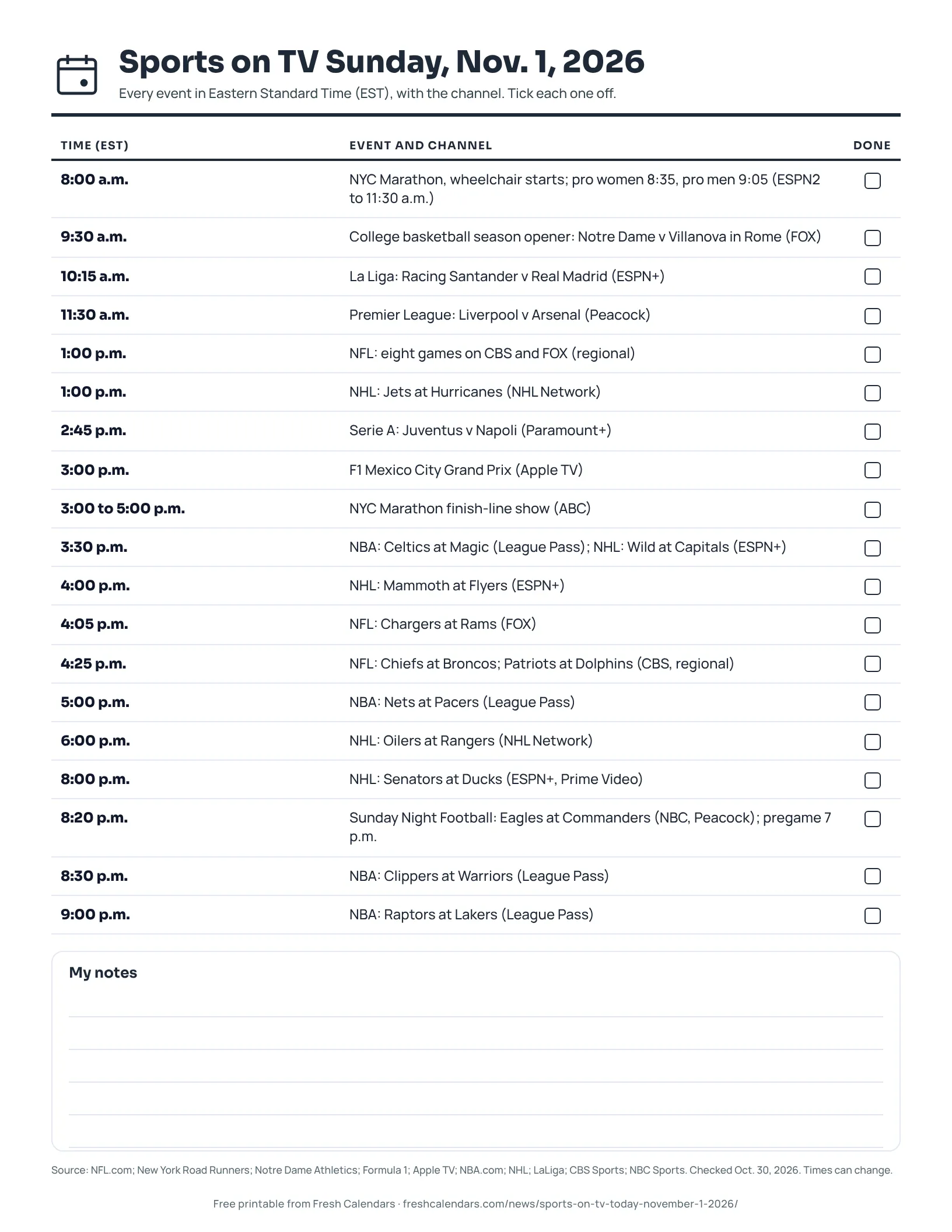 Printable sports on TV sheet for Sunday, Nov. 1, 2026, listing events with Eastern start times and channels, ink-saver version