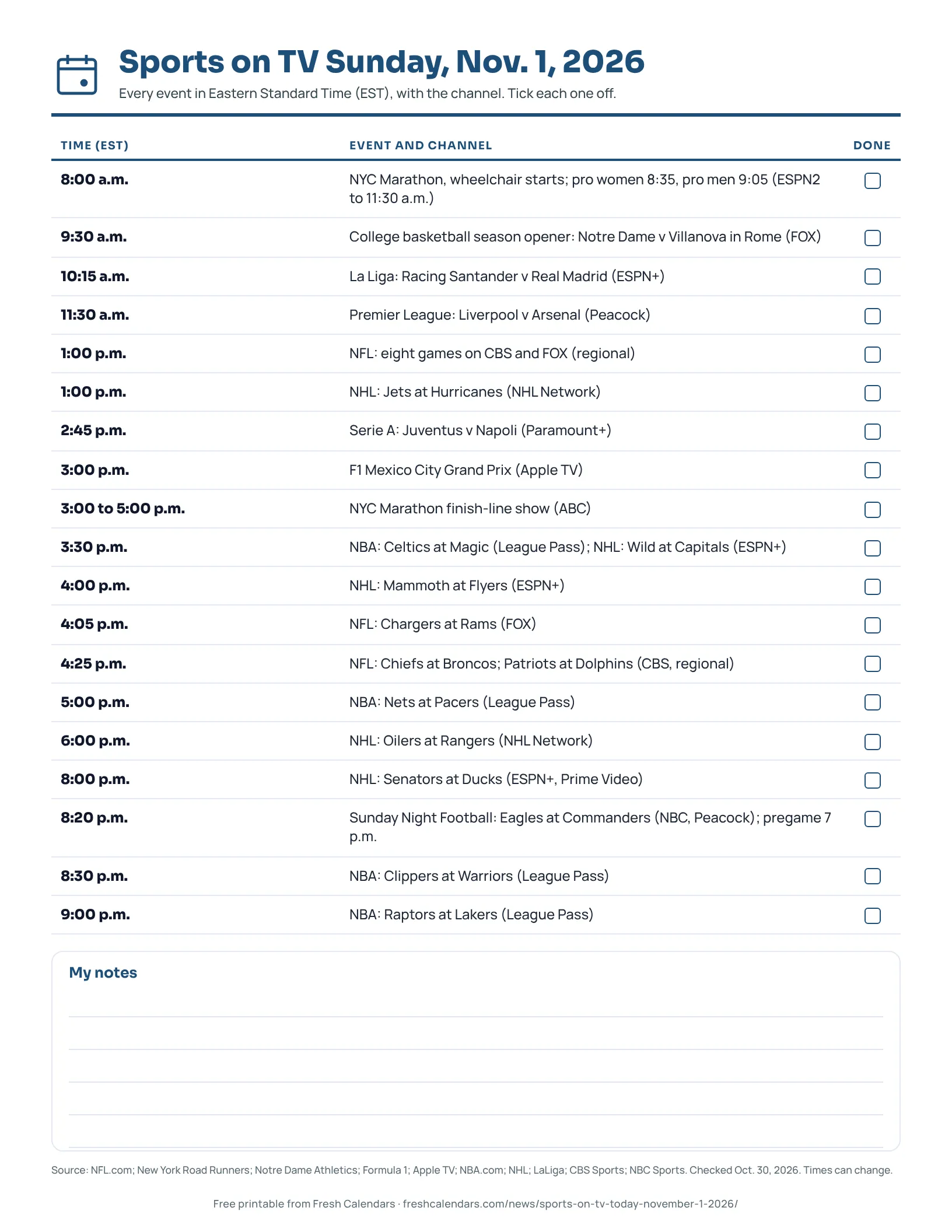 Printable sports on TV sheet for Sunday, Nov. 1, 2026, listing events with Eastern start times and channels