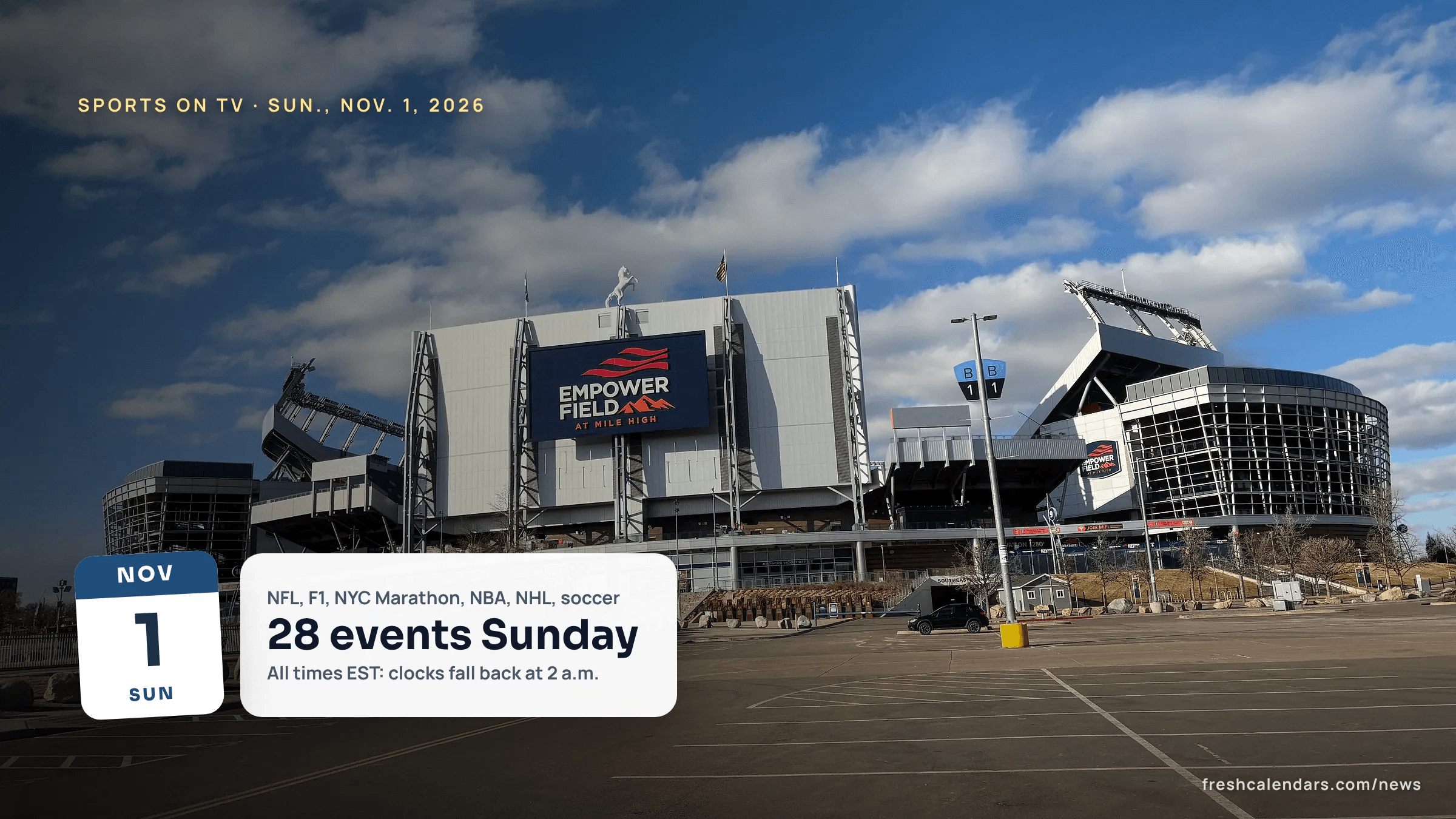 Empower Field at Mile High in Denver, home of the Broncos, for sports on TV today, Sunday, Nov. 1, 2026