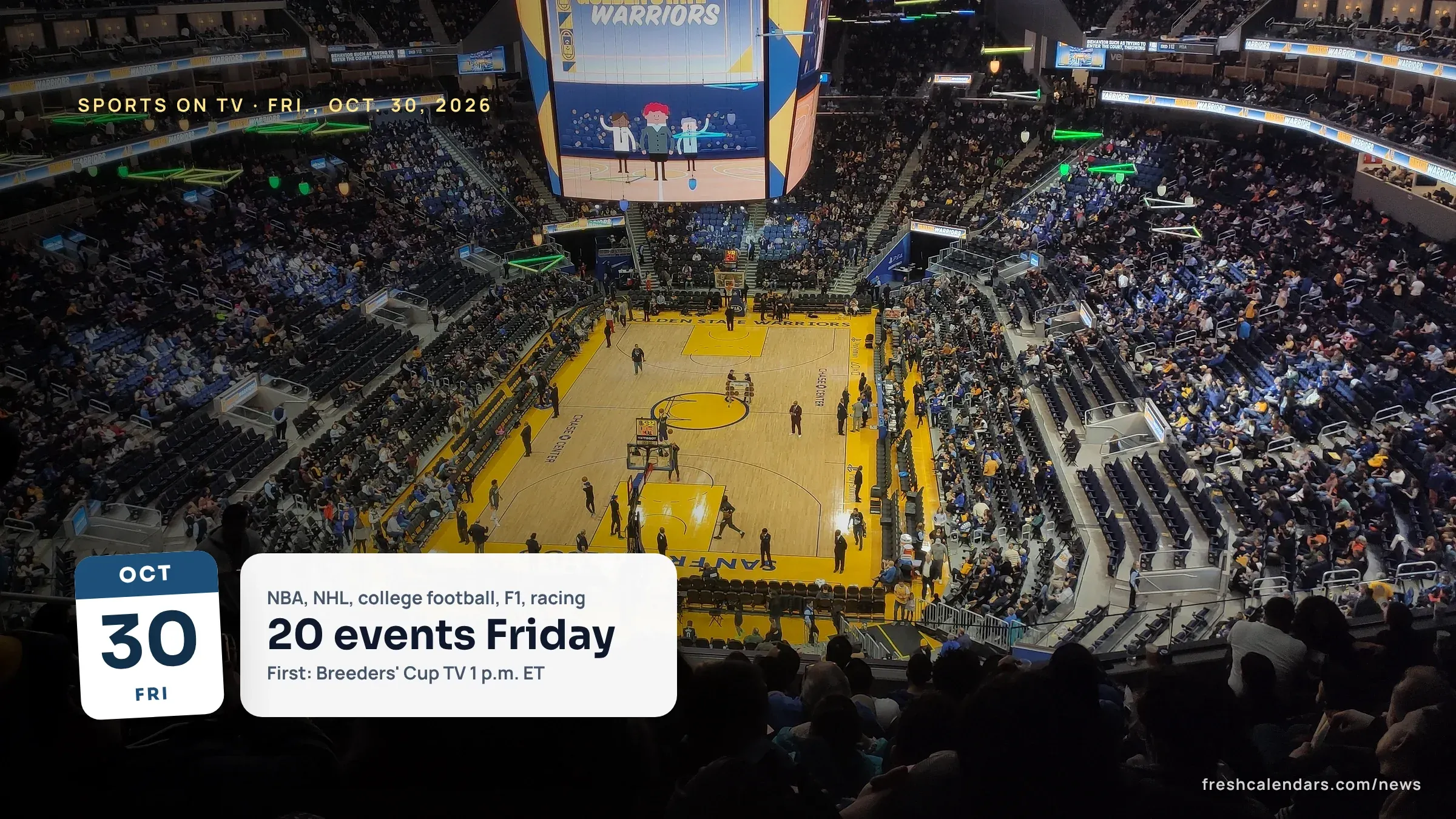 View from the upper deck of Chase Center in San Francisco during a Warriors game, for sports on TV today, Oct. 30, 2026