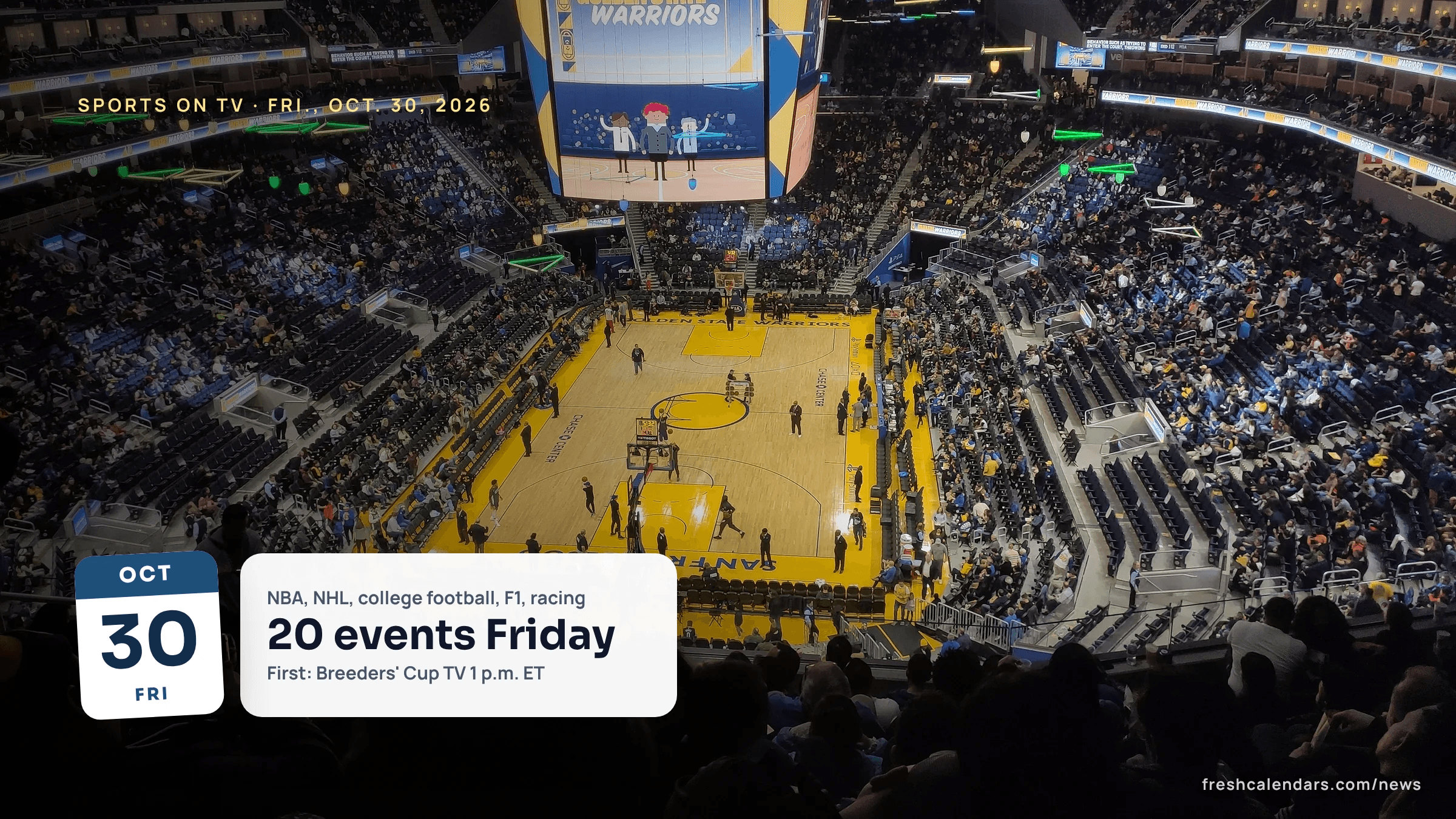 View from the upper deck of Chase Center in San Francisco during a Warriors game, for sports on TV today, Oct. 30, 2026