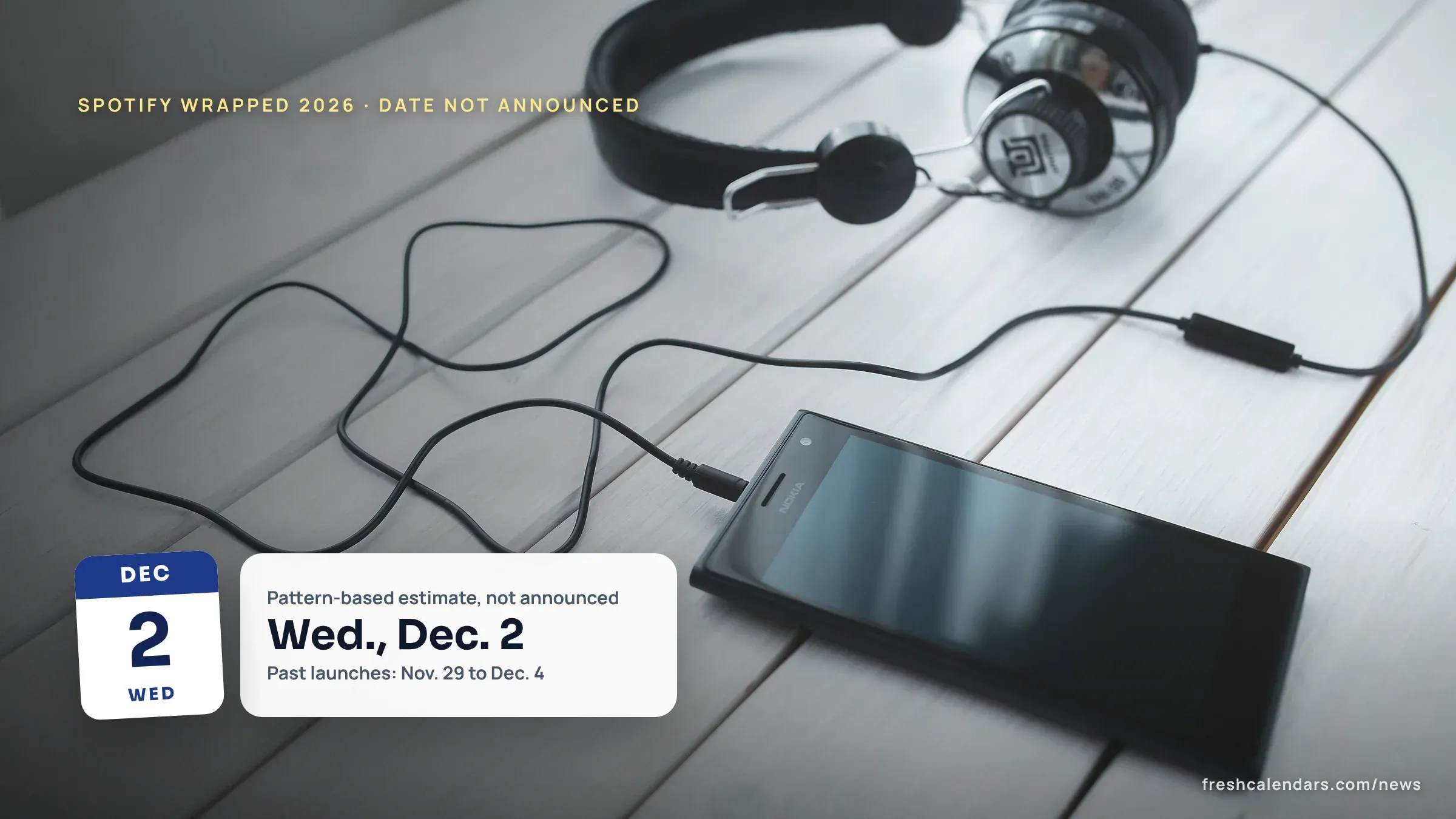 Spotify Wrapped 2026 Release Date: Not Announced Yet, With Every Launch Date Since 2020 Headphones plugged into a smartphone on a white wooden table