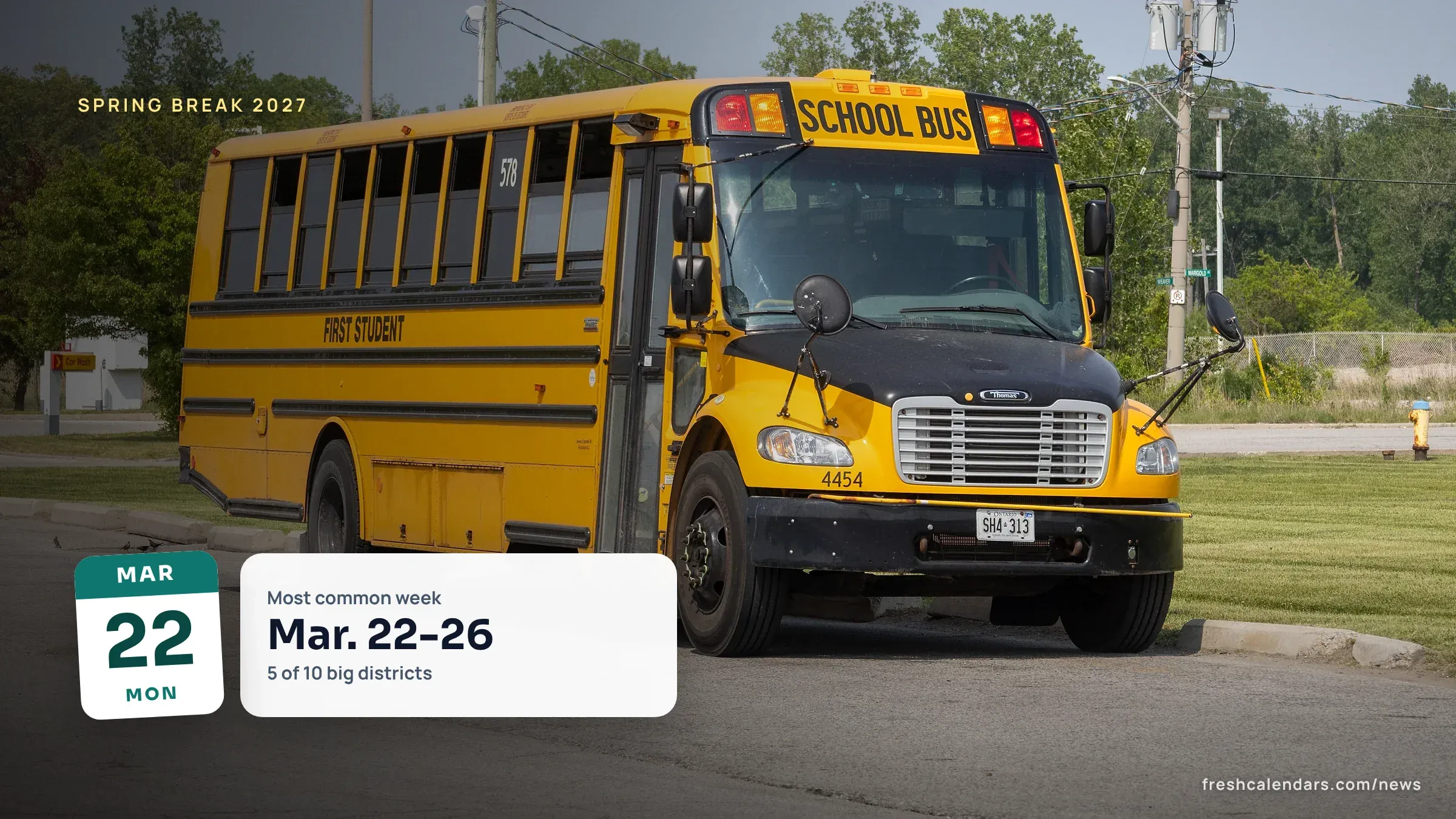 Spring Break 2027: Dates for 10 Large U.S. School Districts, and Why Five Are Off the Week of Mar. 22 Yellow school bus parked by a curb, illustrating spring break 2027 dates for large school districts