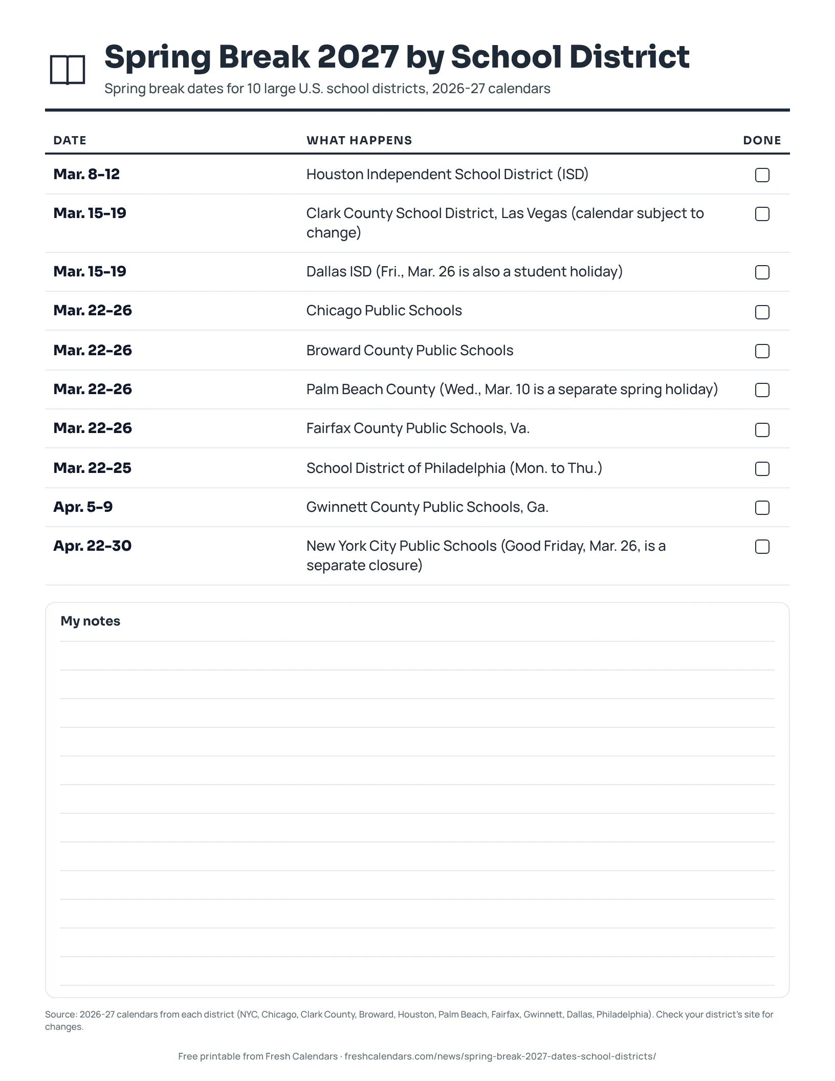 Spring break 2027 printable list of dates for 10 large U.S. school districts, ink-saver version