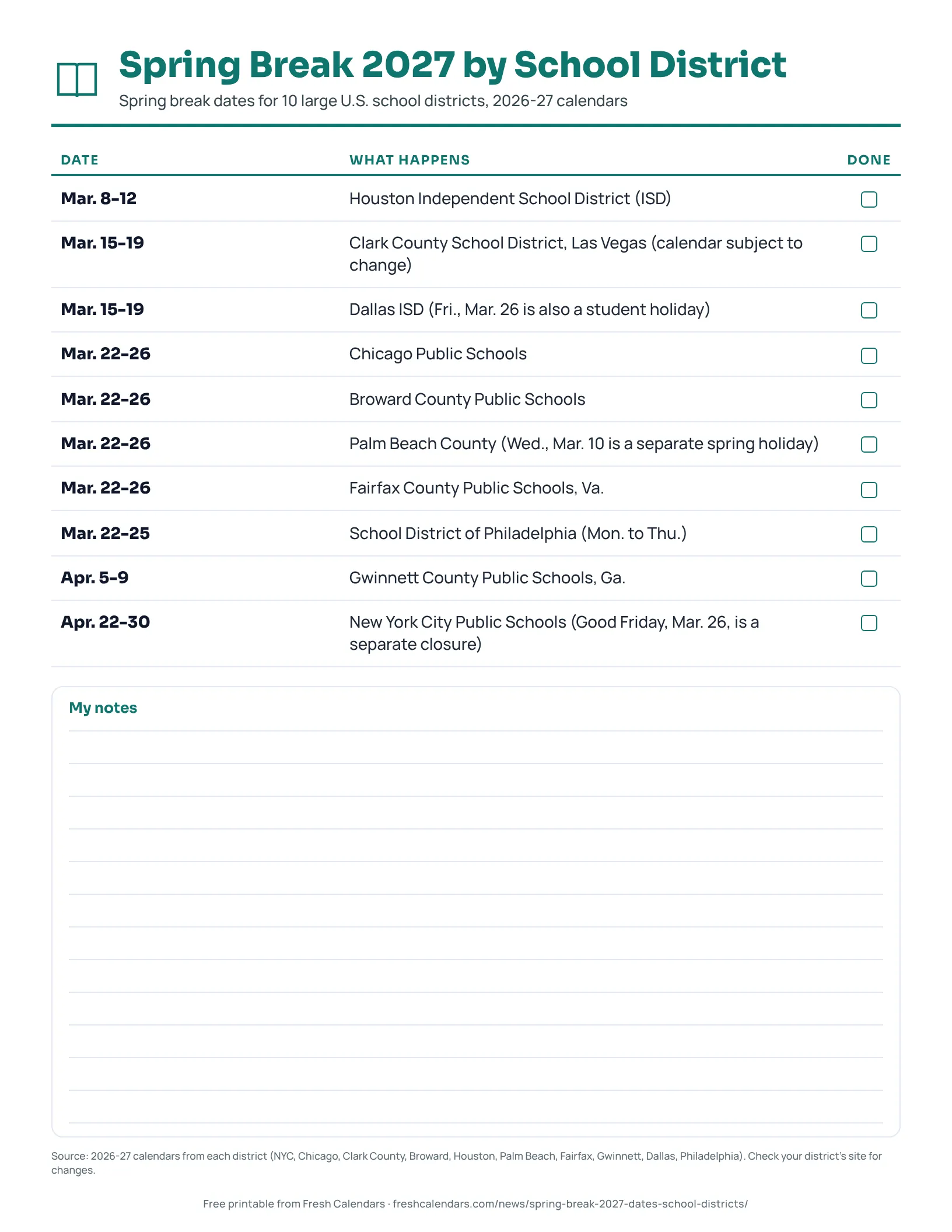 Spring break 2027 printable list of dates for 10 large U.S. school districts