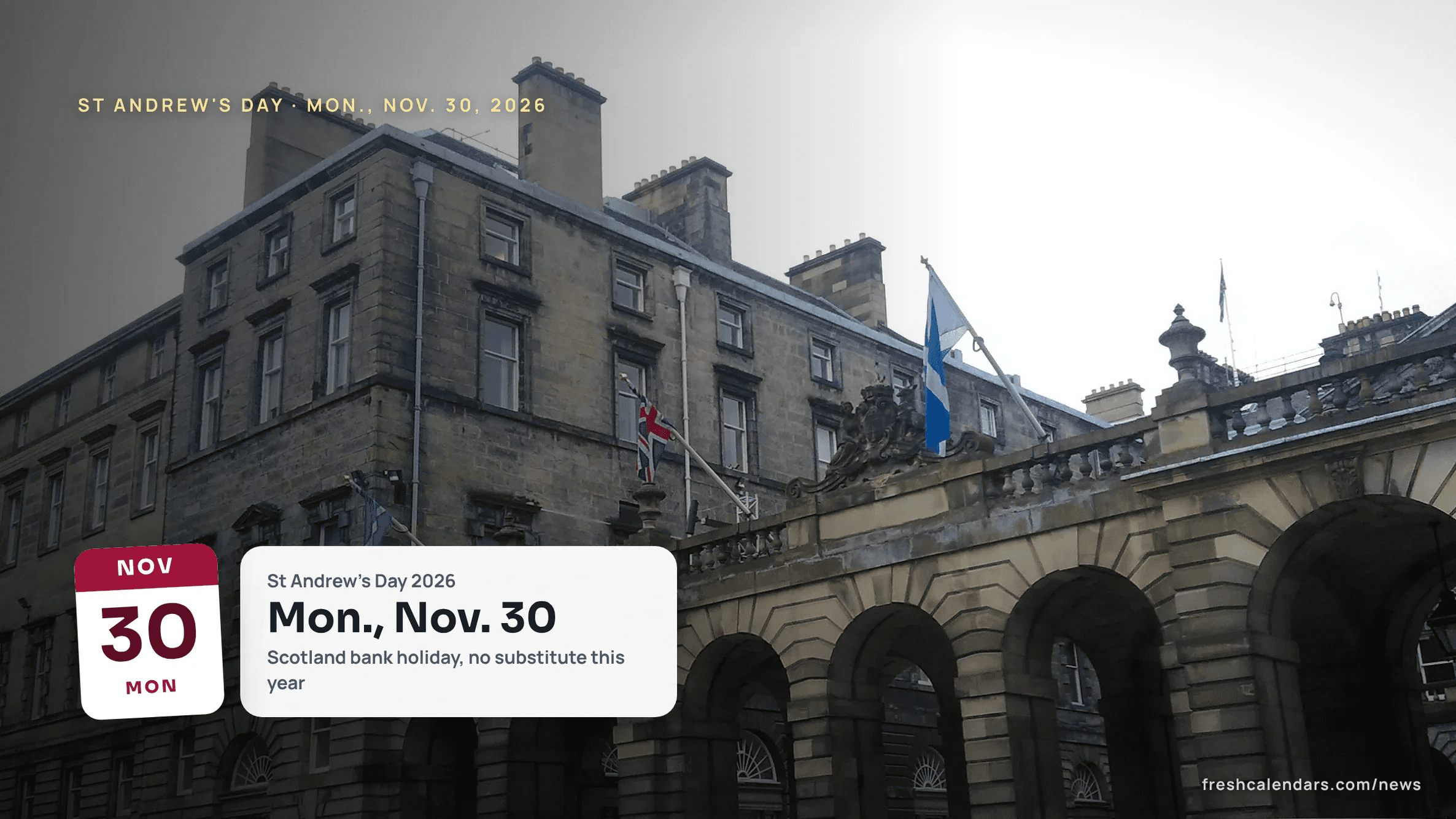 St Andrew's Day 2026: the blue-and-white Saltire, Scotland's flag, flying above a stone building's columned facade