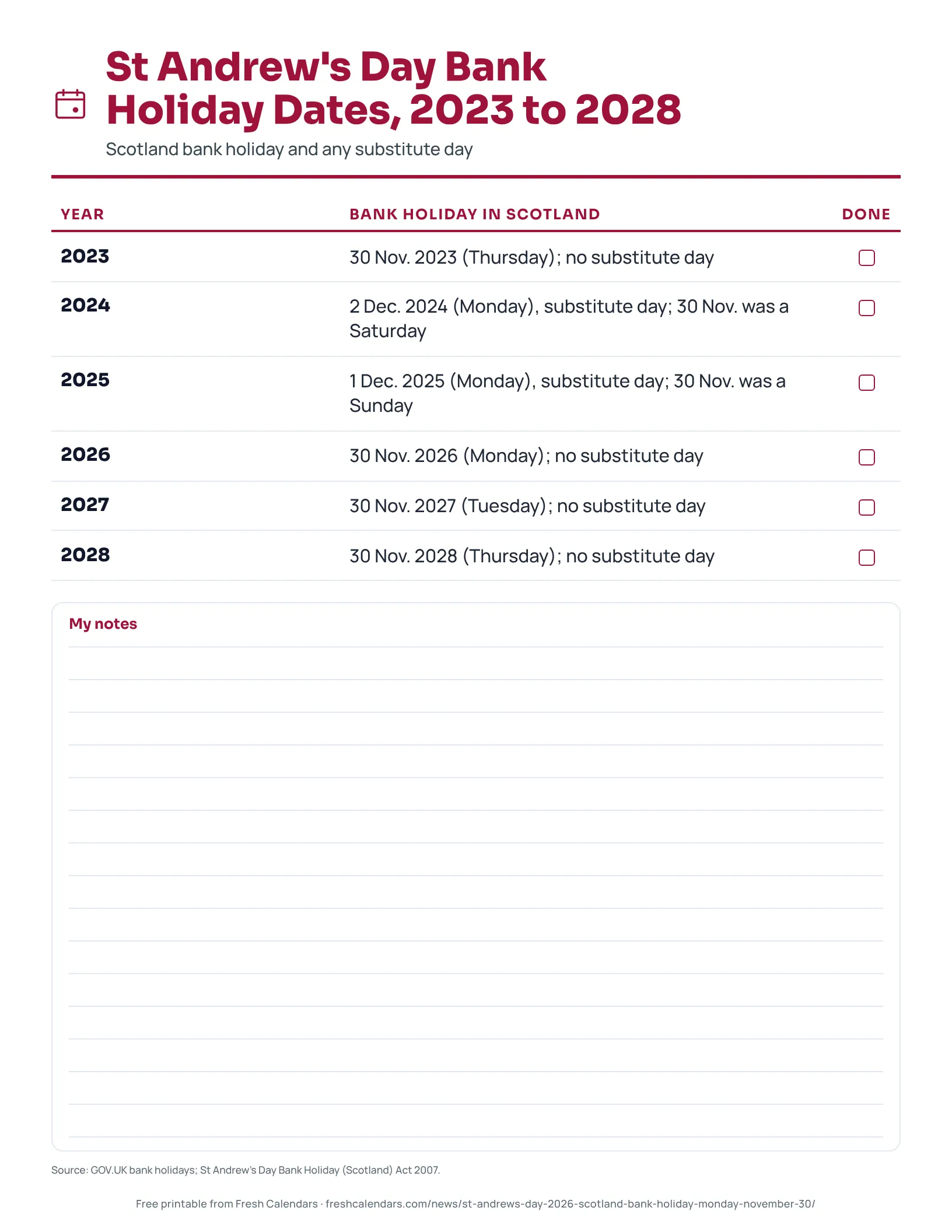 St Andrew's Day Bank Holiday Dates, 2023 to 2028 Printable list of St Andrew's Day bank holiday dates in Scotland from 2023 to 2028, with substitute days in 2024 and 2025.