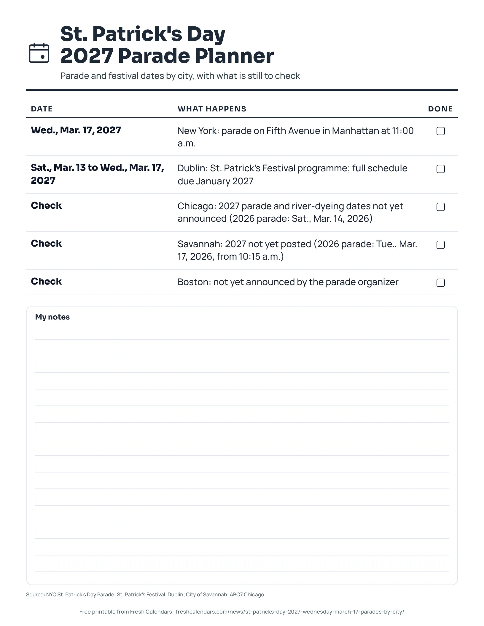 Printable St. Patrick's Day 2027 parade planner listing New York, Dublin, Chicago, Savannah and Boston, ink-saver version