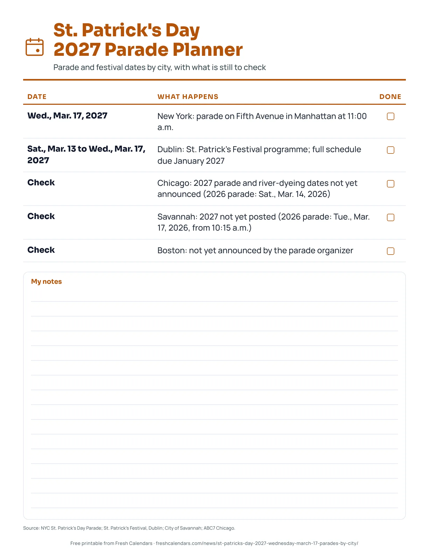 Printable St. Patrick's Day 2027 parade planner listing New York, Dublin, Chicago, Savannah and Boston