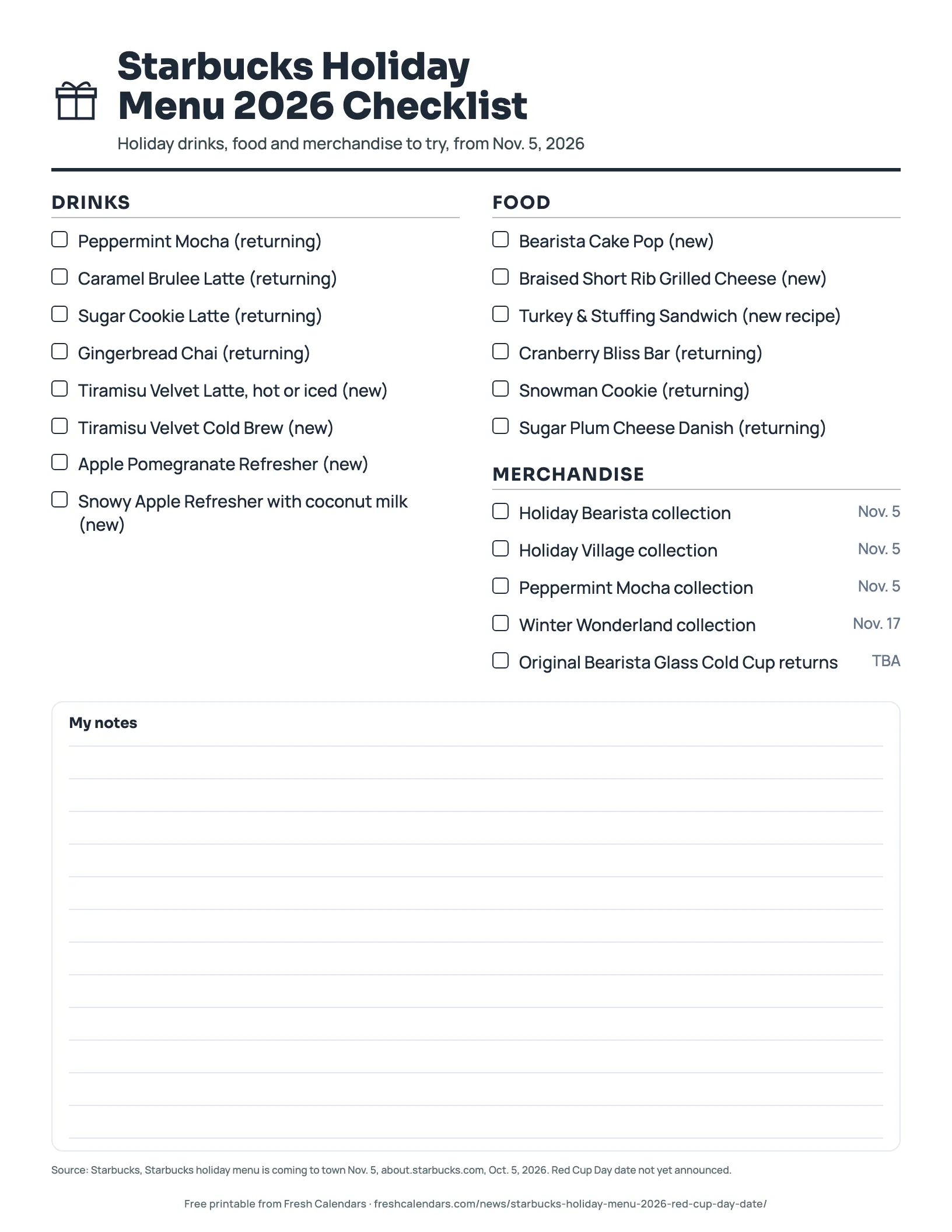 Printable Starbucks holiday menu 2026 checklist with drinks, food and merchandise grouped into sections and a tick box for each, ink-saver version