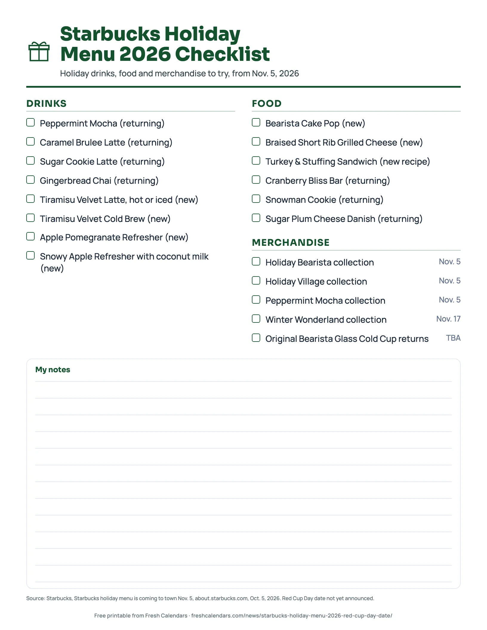 Printable Starbucks holiday menu 2026 checklist with drinks, food and merchandise grouped into sections and a tick box for each