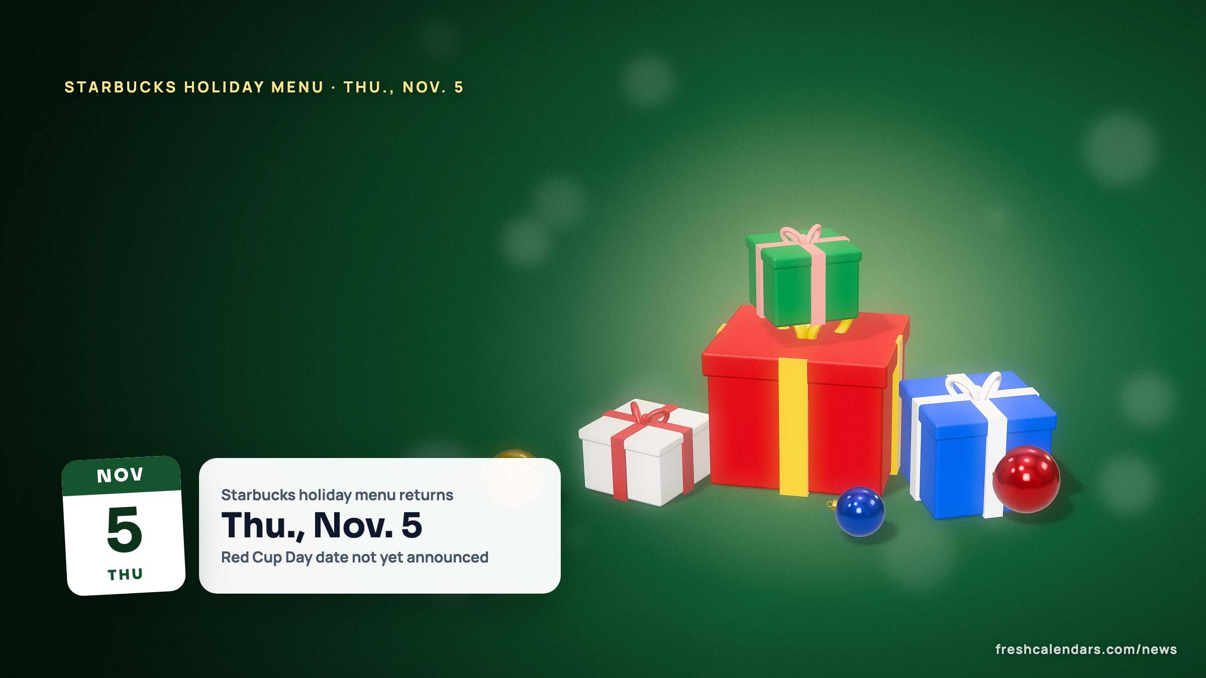 Starbucks holiday menu 2026: a winter holiday scene beside a date tile for Thursday, Nov. 5 and a card noting Red Cup Day is not yet announced