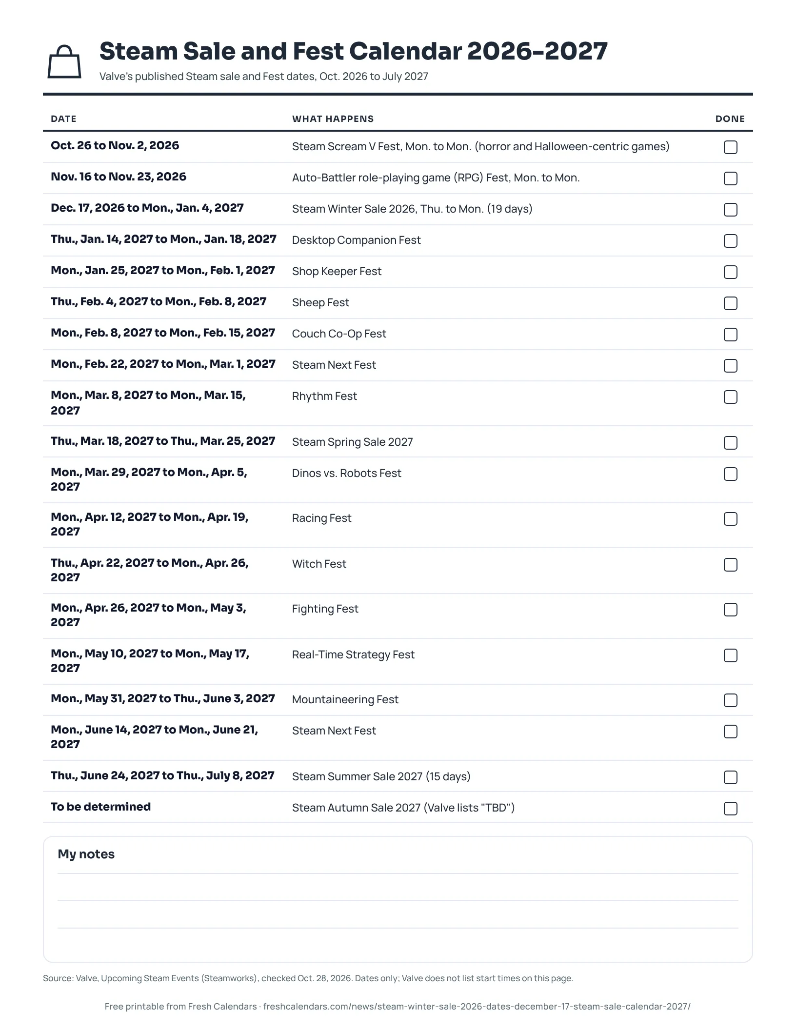 Steam Sale and Fest Calendar 2026-2027 (ink saver) Printable Steam Sale and Fest Calendar 2026-2027 listing each Steam sale and Fest with its dates, ink-saver version
