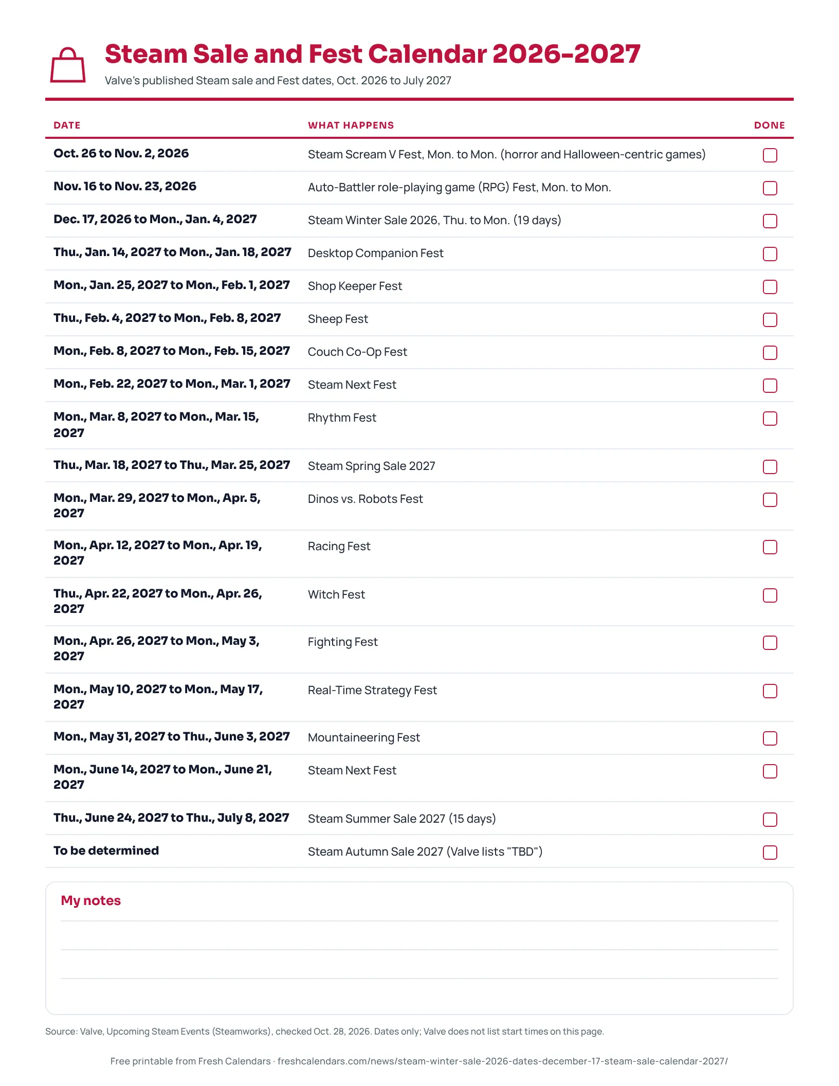Steam Sale and Fest Calendar 2026-2027 Printable Steam Sale and Fest Calendar 2026-2027 listing each Steam sale and Fest with its dates