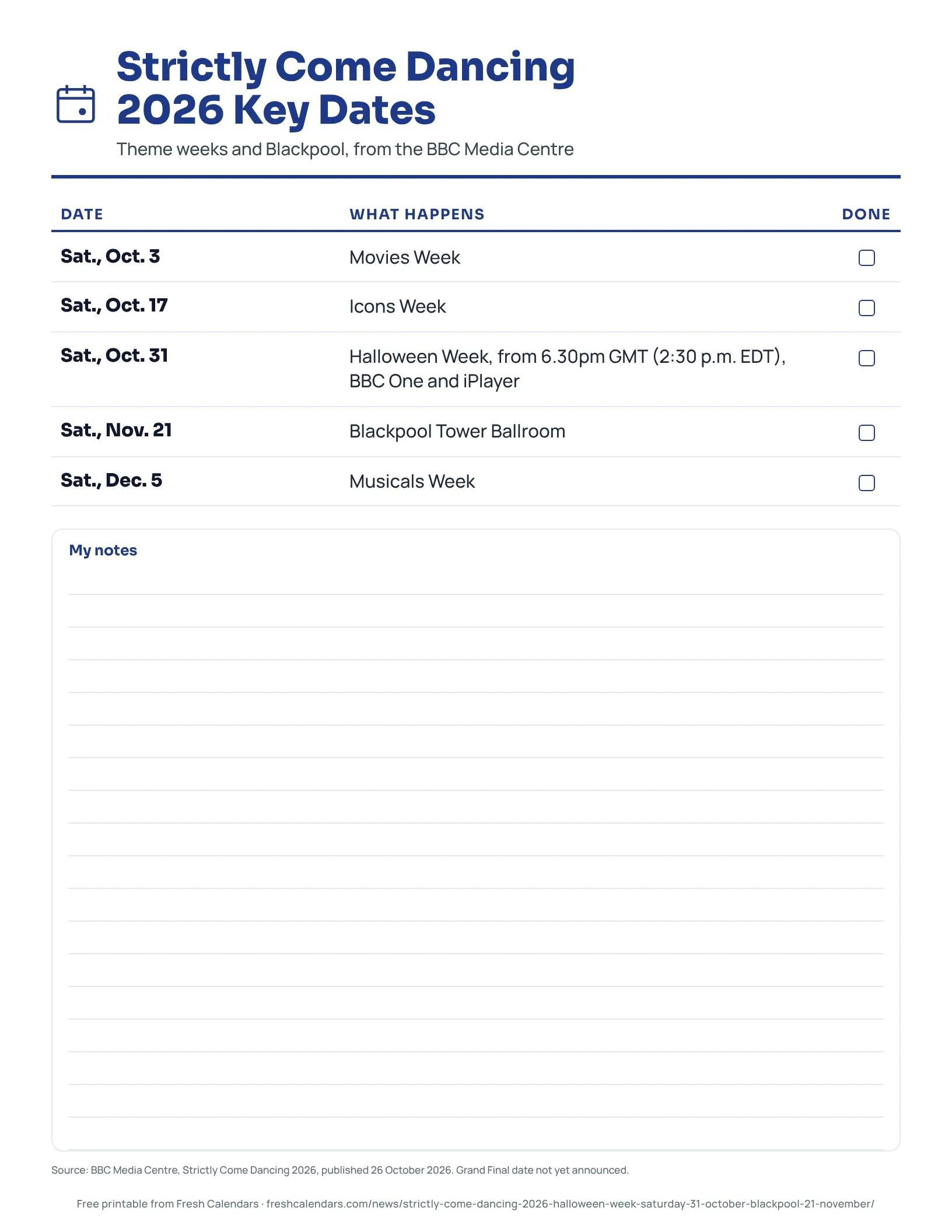 Strictly Come Dancing 2026 Key Dates Printable list of Strictly Come Dancing 2026 key dates from Movies Week on Oct. 3 to Musicals Week on Dec. 5.