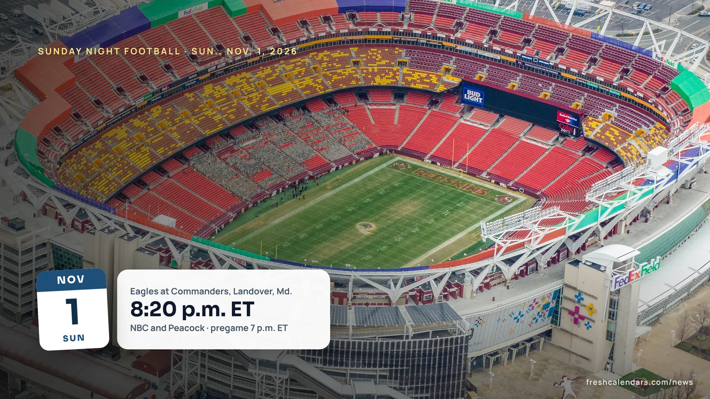 Aerial view of the Commanders' stadium in Landover, Maryland, for Sunday Night Football tonight, Eagles at Commanders