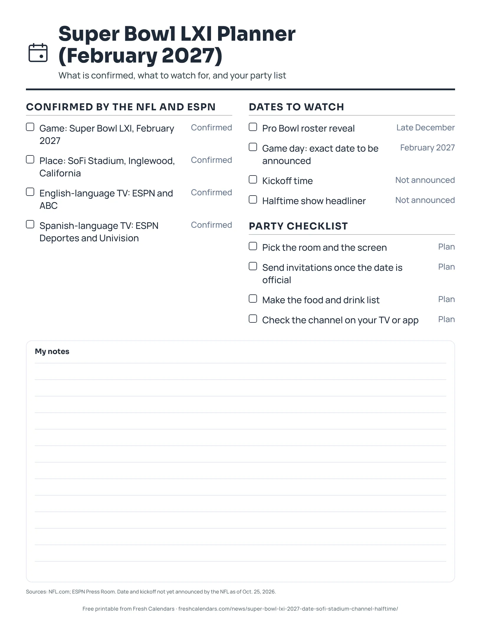 Super Bowl LXI Planner (February 2027) (ink saver) Printable Super Bowl LXI planner for February 2027 with confirmed facts, dates to watch and a party checklist, ink-saver version