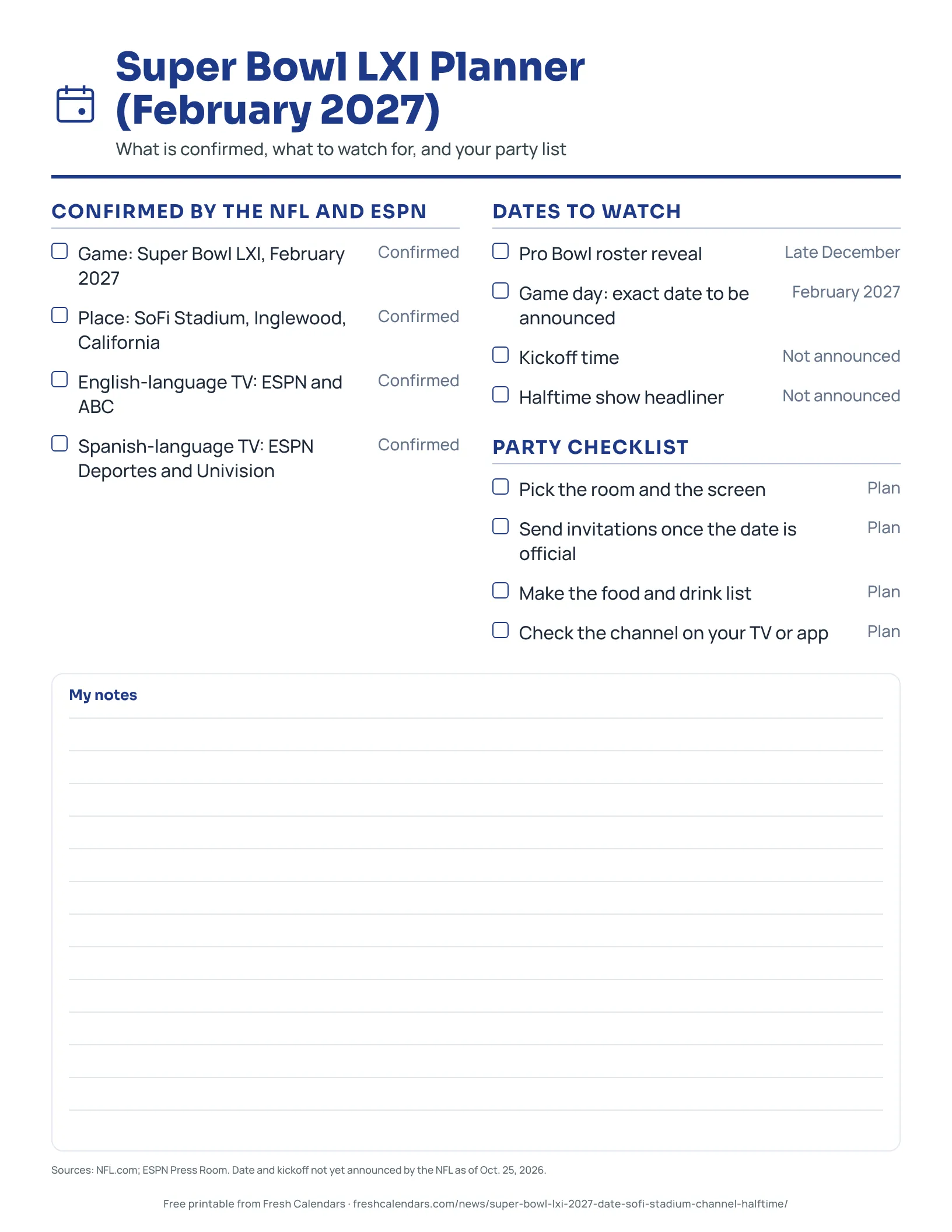 Super Bowl LXI Planner (February 2027) Printable Super Bowl LXI planner for February 2027 with confirmed facts, dates to watch and a party checklist