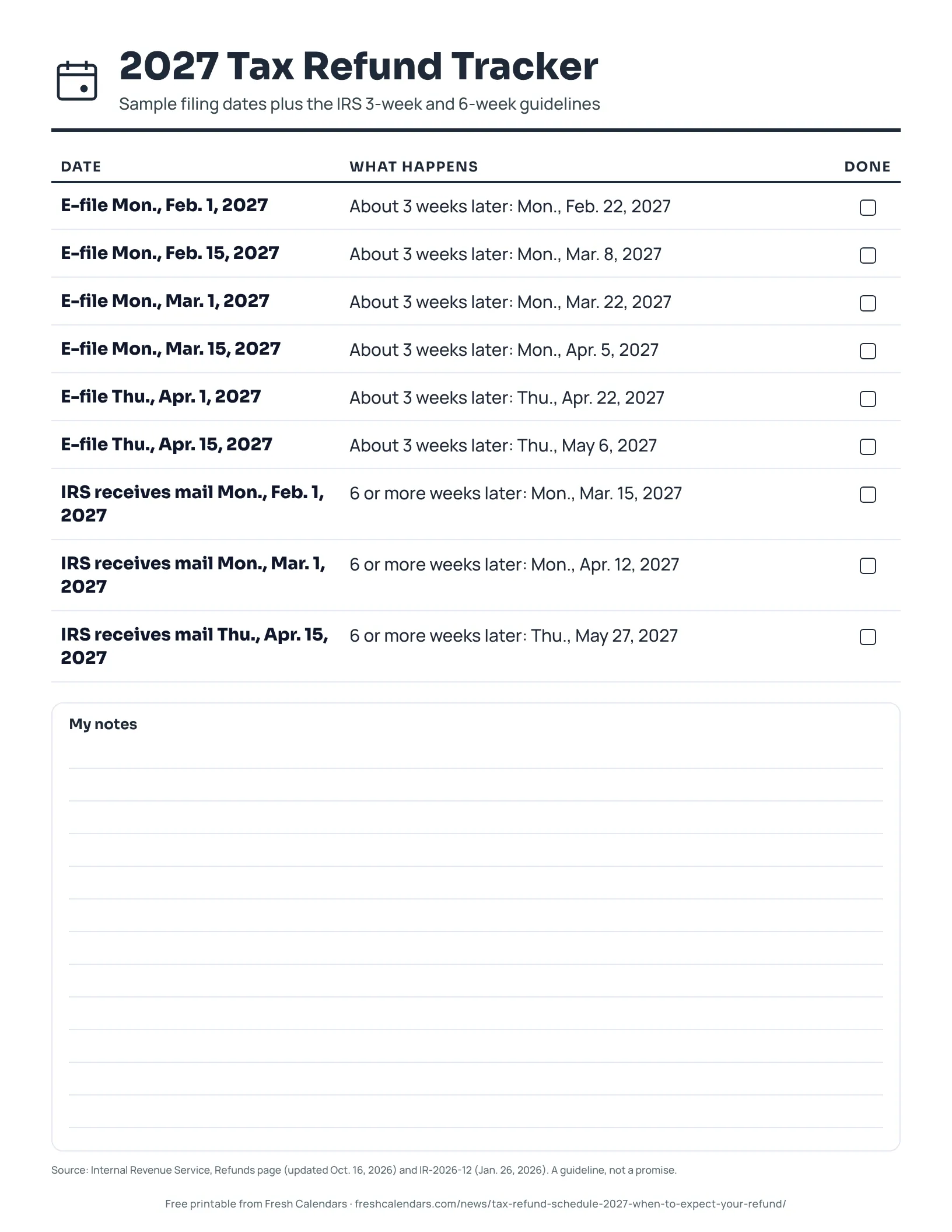 2027 Tax Refund Tracker (ink saver) Printable 2027 tax refund tracker listing sample filing dates and the expected refund window, ink-saver version