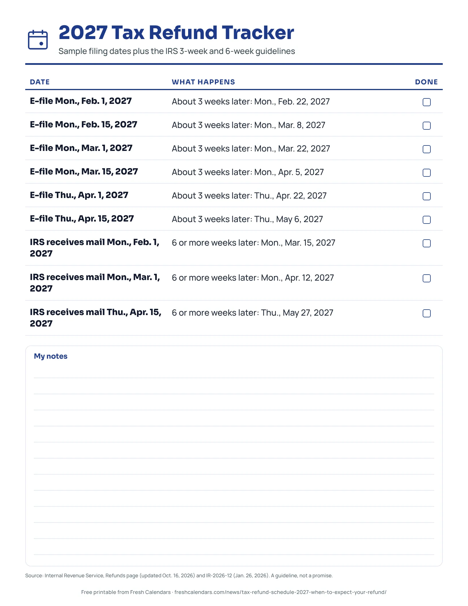 2027 Tax Refund Tracker Printable 2027 tax refund tracker listing sample filing dates and the expected refund window