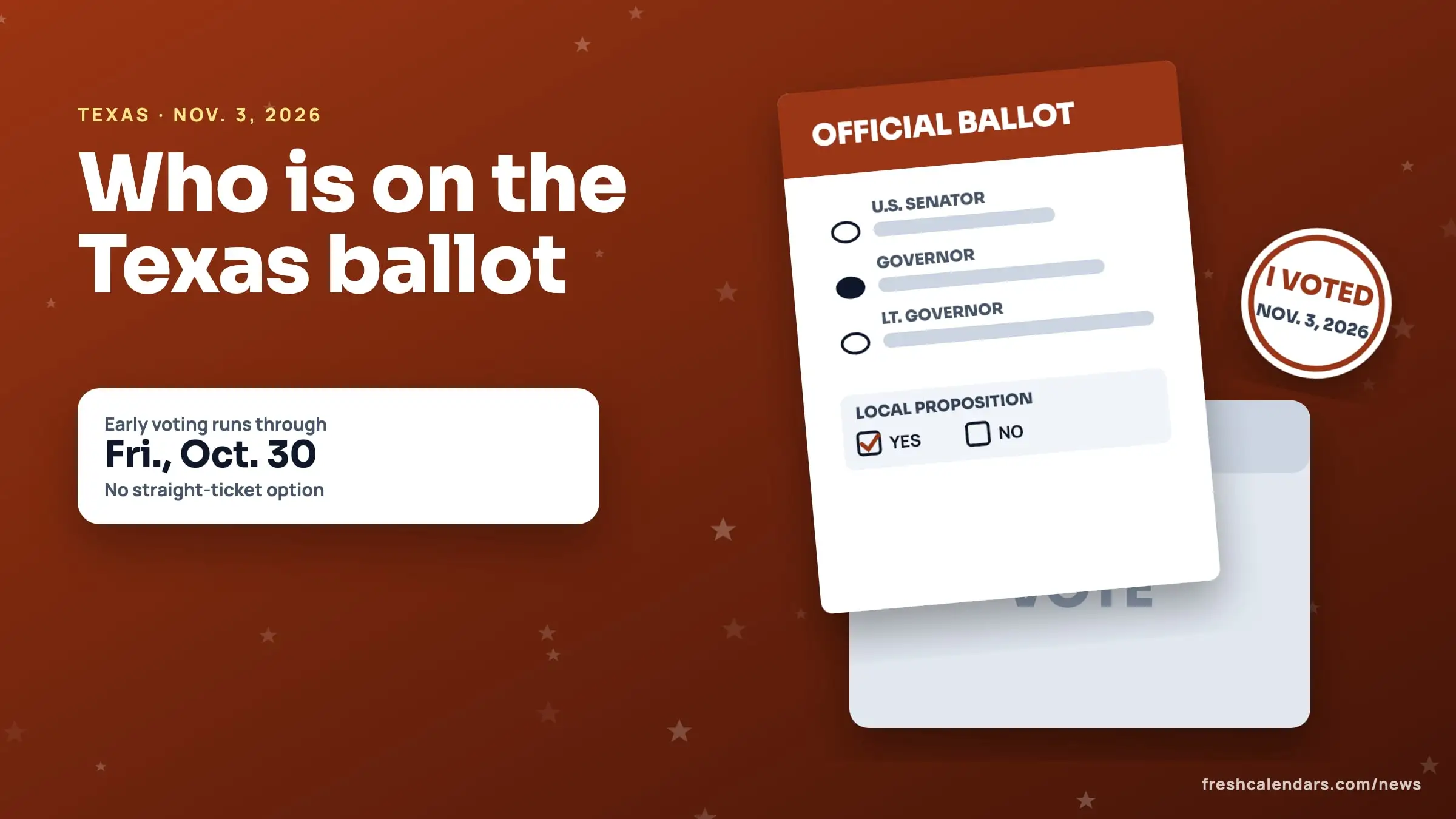Texas ballot 2026: a ballot listing U.S. Senate, governor and lieutenant governor beside a card reading early voting through Oct. 30