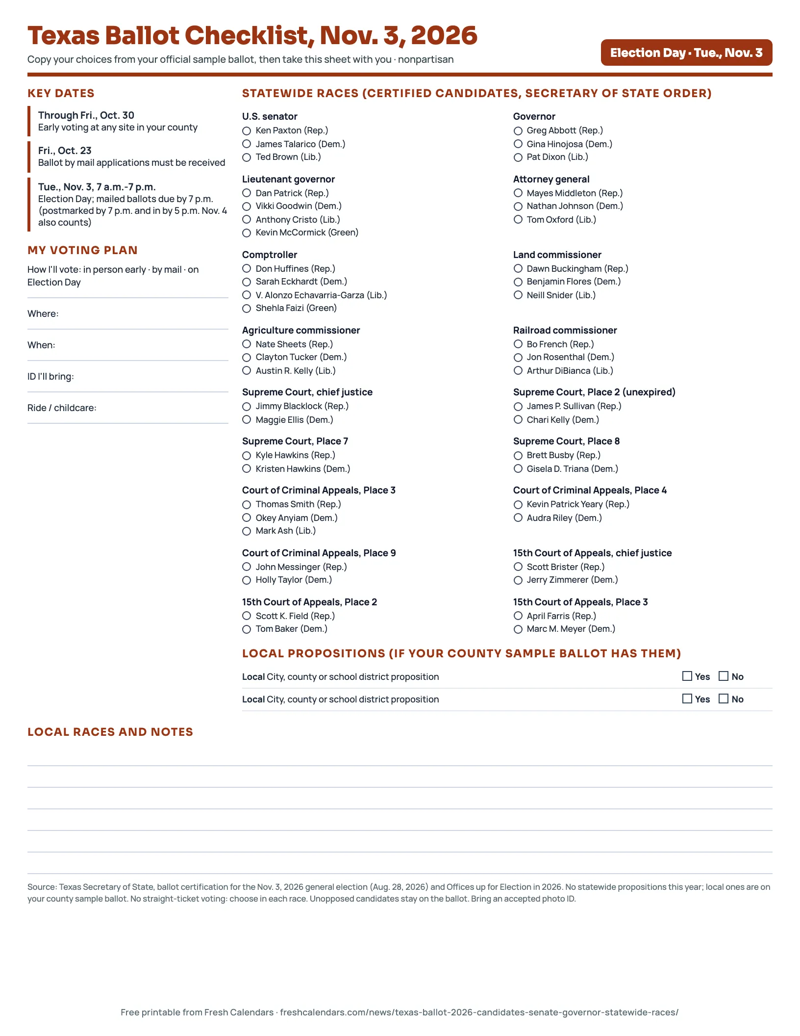 Texas ballot checklist 2026 printable with certified candidates for U.S. Senate, governor and statewide offices and key dates