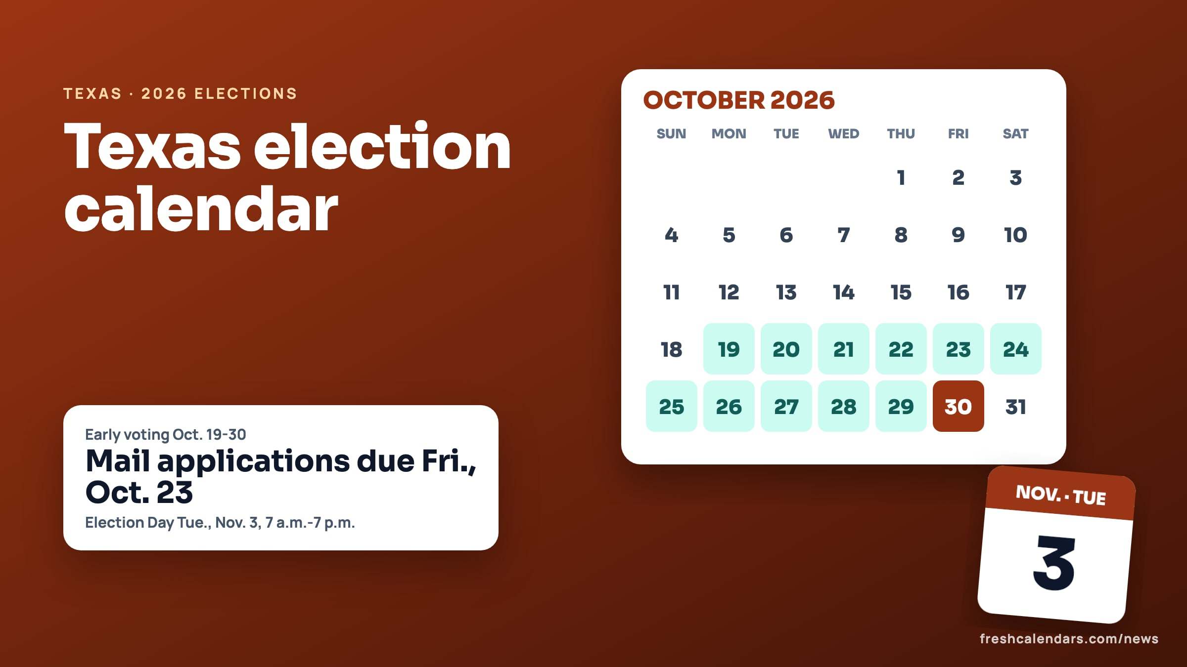 Texas election calendar 2026: October grid with early voting Oct. 19-30 highlighted and a Nov. 3 Election Day card