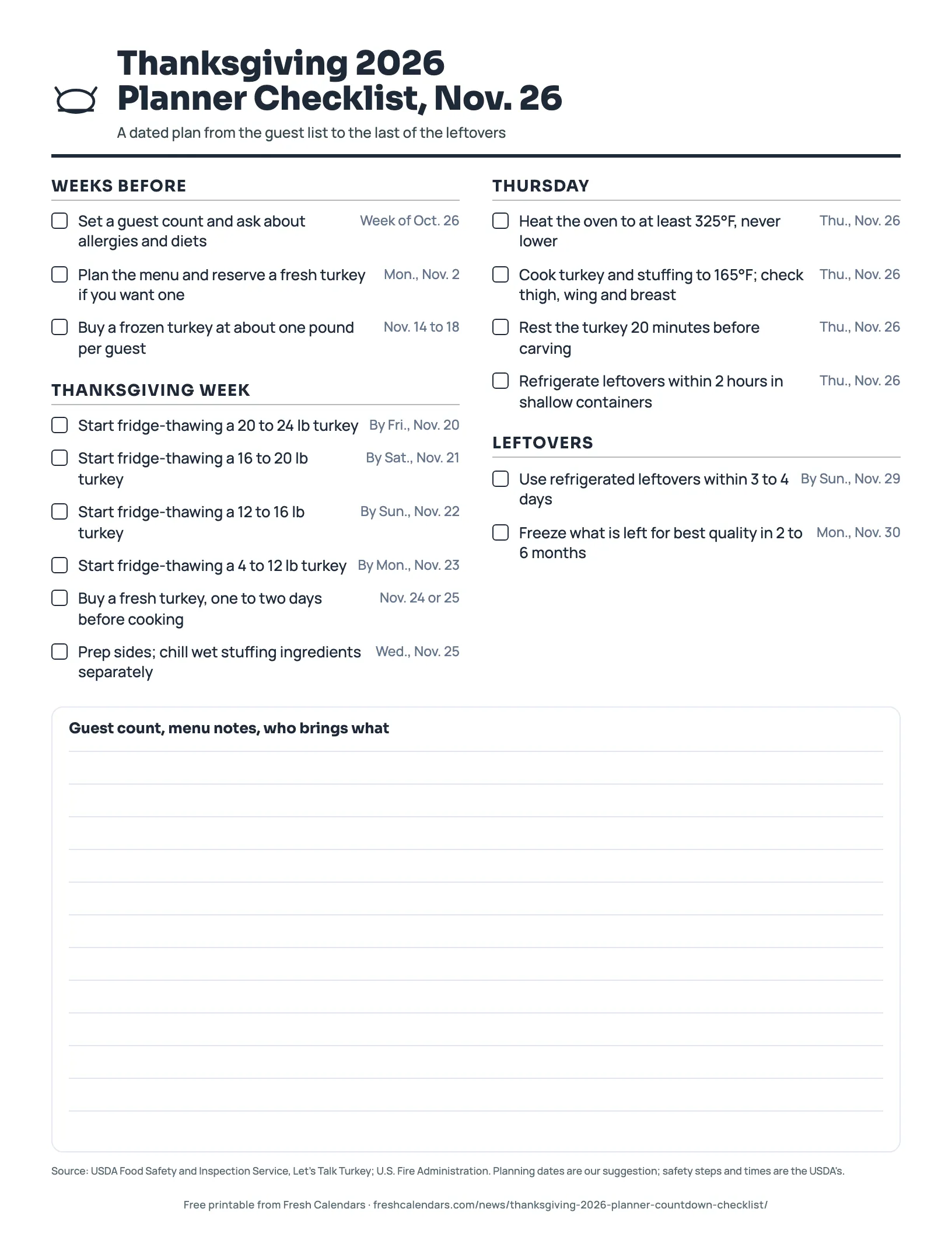 Thanksgiving 2026 Planner Checklist, Nov. 26 (ink saver) Thanksgiving 2026 planner checklist printable with dated steps for weeks before, Thanksgiving week, Thursday and leftovers, ink-saver version