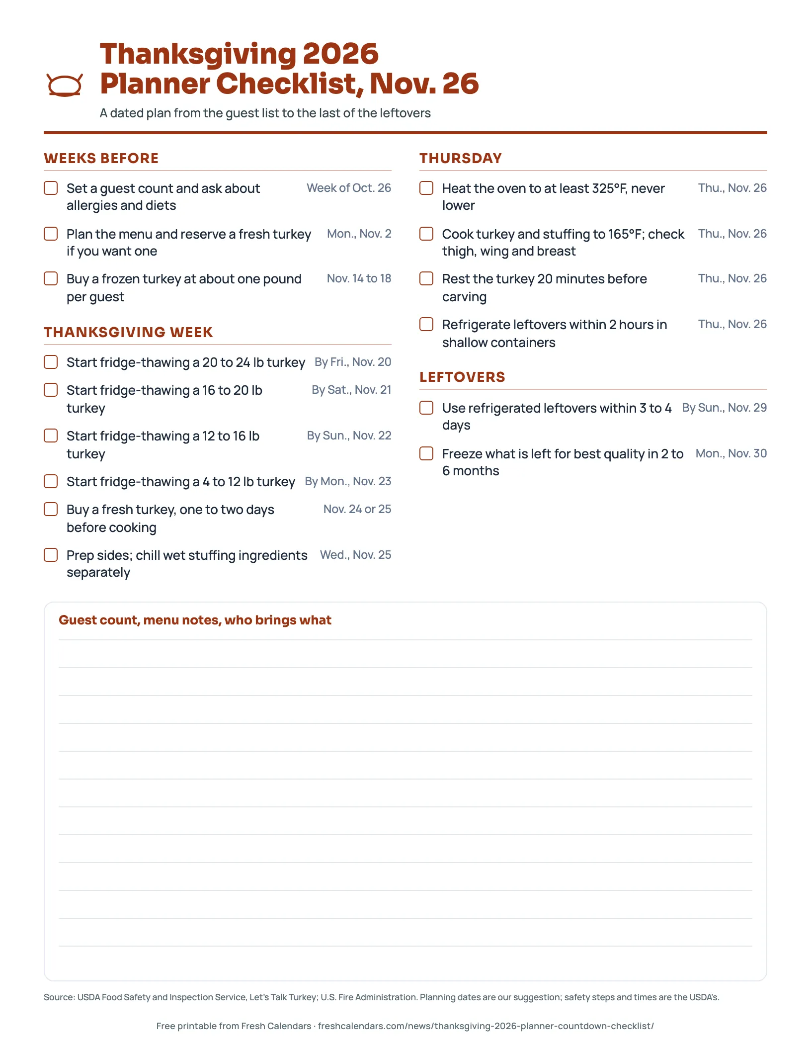 Thanksgiving 2026 Planner Checklist, Nov. 26 Thanksgiving 2026 planner checklist printable with dated steps for weeks before, Thanksgiving week, Thursday and leftovers
