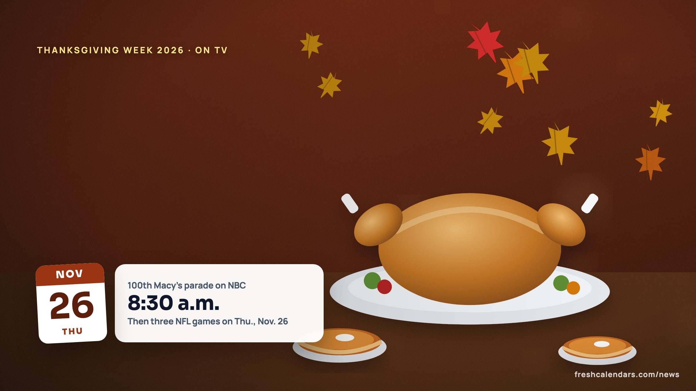 Thanksgiving 2026 TV schedule illustration: a Thanksgiving scene with a Nov. 26 date tile and a card for the 100th Macy's parade at 8:30 a.m.