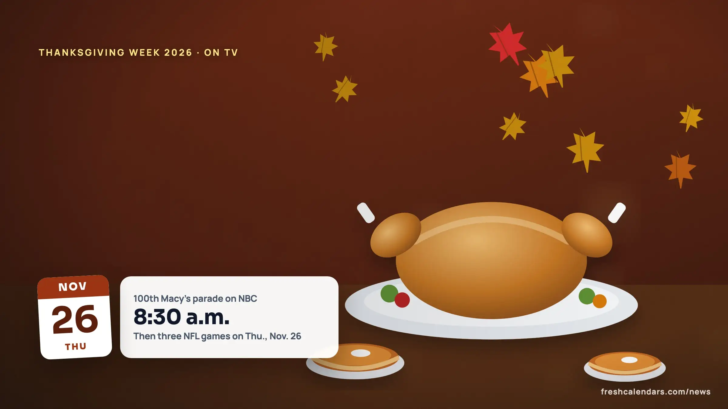 Thanksgiving 2026 TV schedule illustration: a Thanksgiving scene with a Nov. 26 date tile and a card for the 100th Macy's parade at 8:30 a.m.