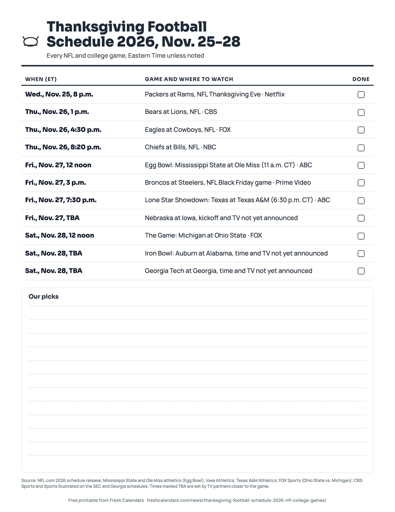 Thanksgiving football schedule 2026 printable listing every NFL and college game from Nov. 25 to Nov. 28 with kickoffs and TV channels, ink-saver version