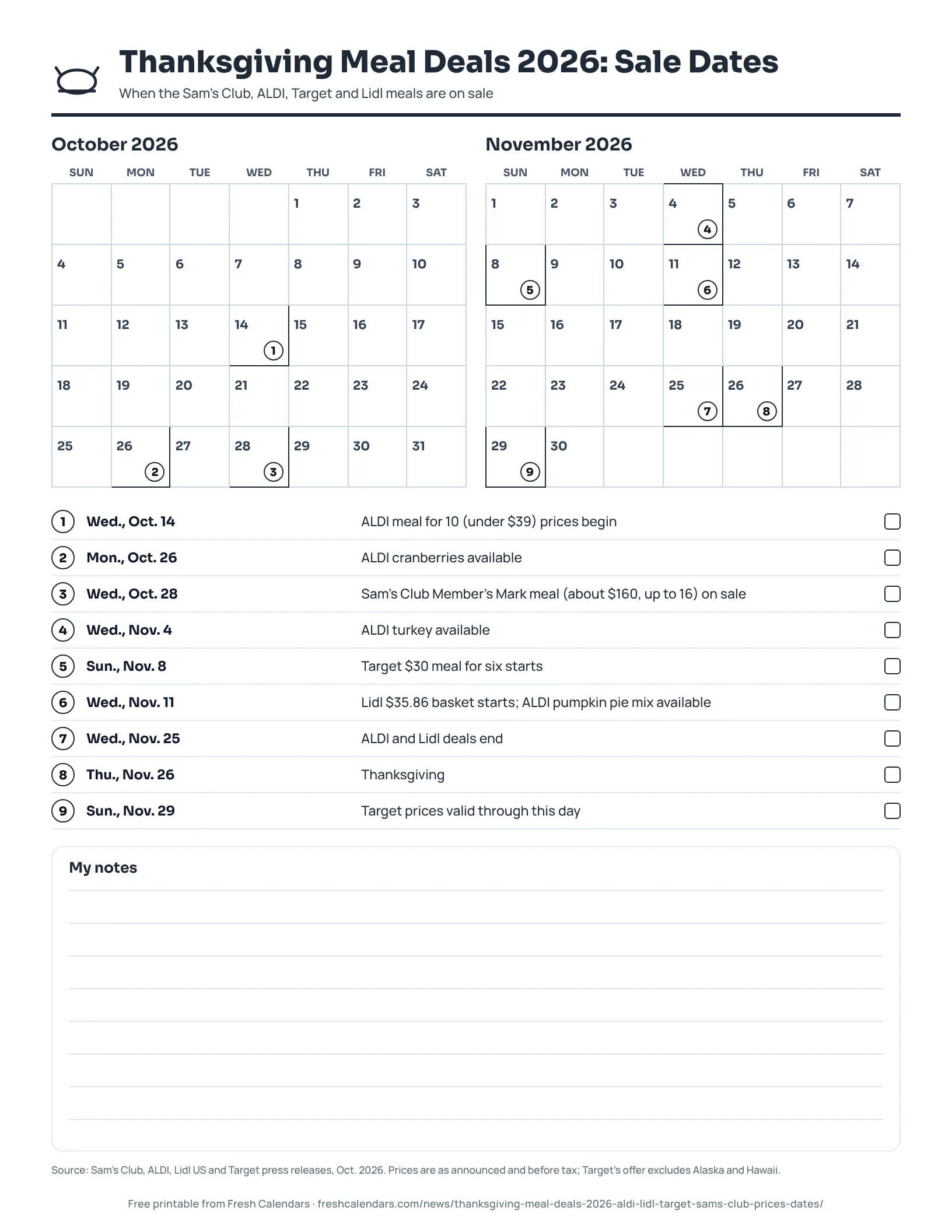 Thanksgiving Meal Deals 2026: Sale Dates (ink saver) Thanksgiving meal deals 2026 printable calendar with sale dates for Sam's Club, ALDI, Target and Lidl, ink-saver version