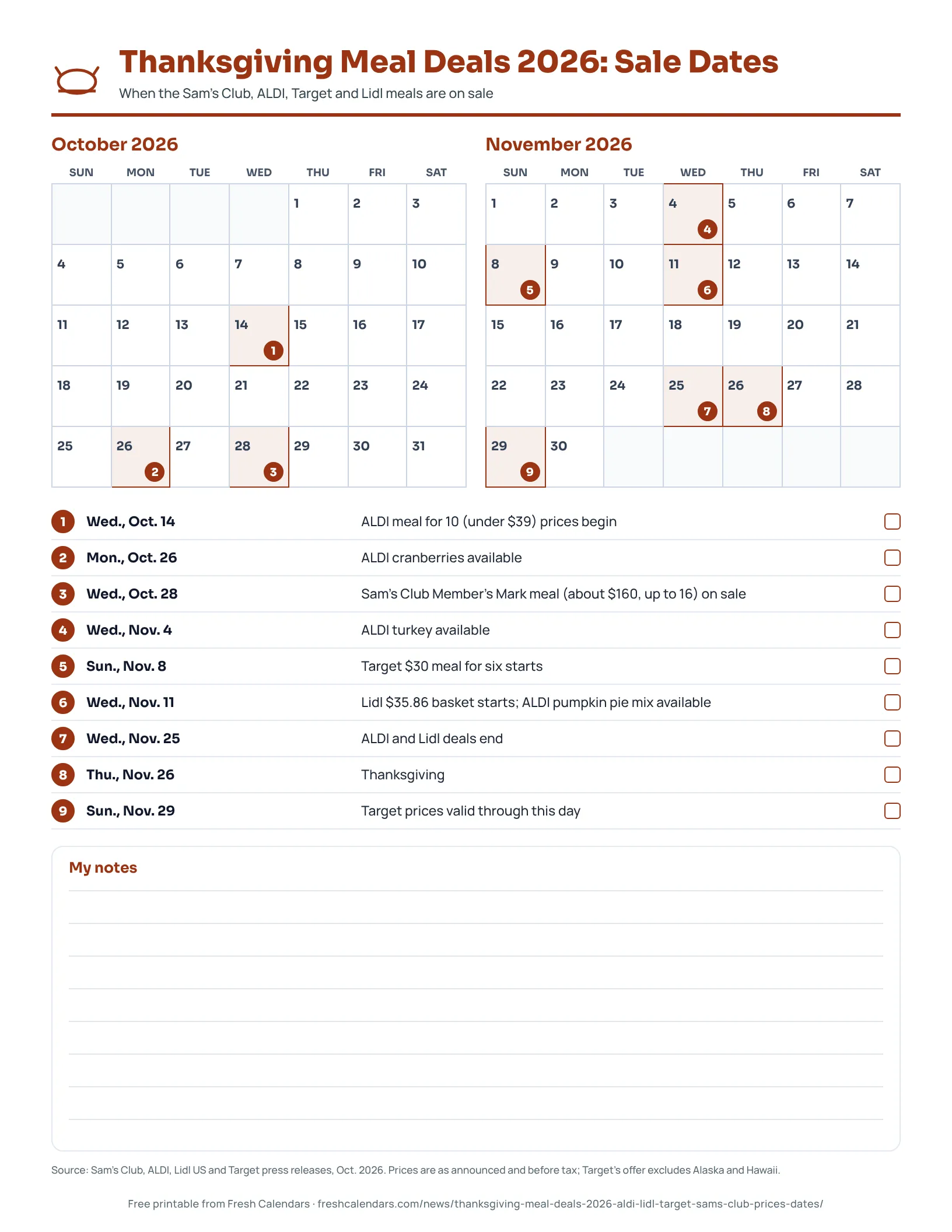 Thanksgiving Meal Deals 2026: Sale Dates Thanksgiving meal deals 2026 printable calendar with sale dates for Sam's Club, ALDI, Target and Lidl
