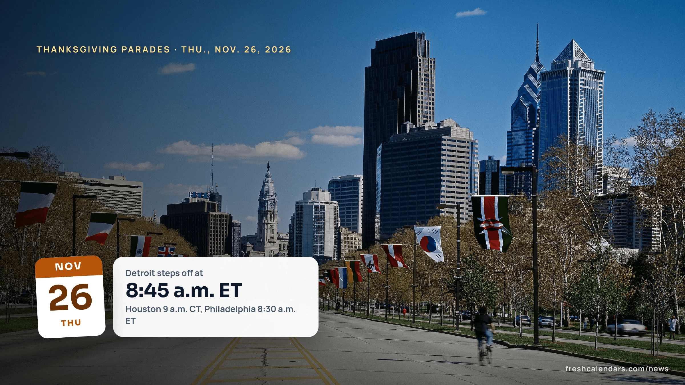 Benjamin Franklin Parkway in Philadelphia lined with flags, the route of a Thanksgiving parade in 2026