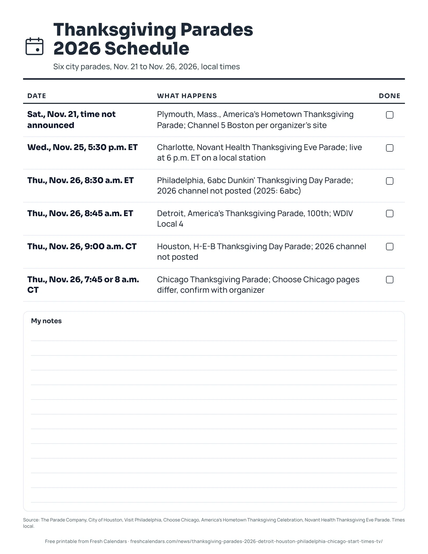 Thanksgiving Parades 2026 Schedule (ink saver) Printable Thanksgiving parades 2026 schedule for six U.S. cities, ink-saver version