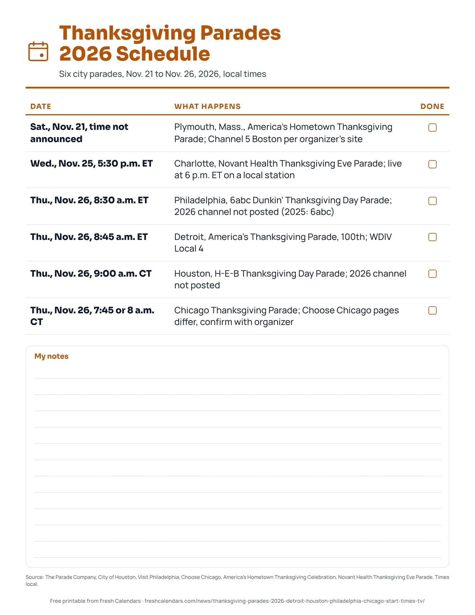 Thanksgiving Parades 2026 Schedule Printable Thanksgiving parades 2026 schedule for six U.S. cities.