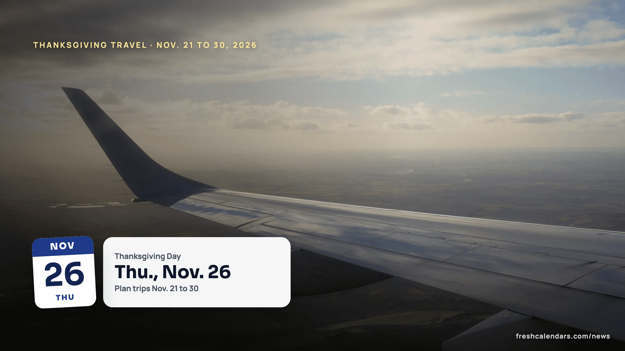 Airplane wing and winglet over green farmland at sunset, a view from a window seat during Thanksgiving travel 2026 planning