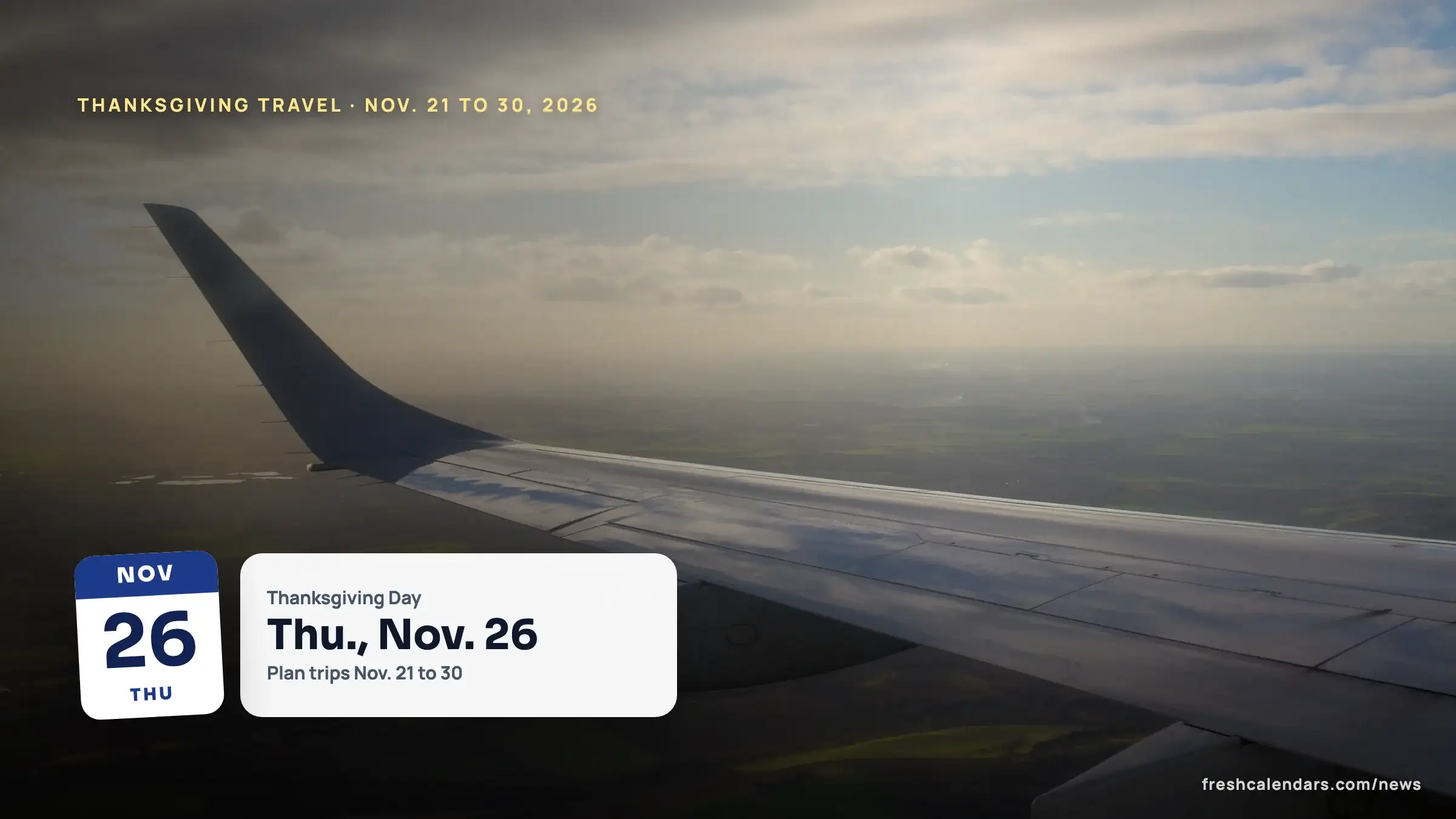 Airplane wing and winglet over green farmland at sunset, a view from a window seat during Thanksgiving travel 2026 planning